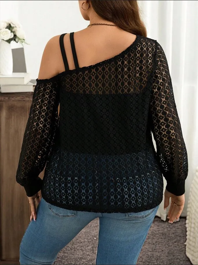 Plus Size Lace Hollowed-Out One Shoulder T-shirt, 4 of 5