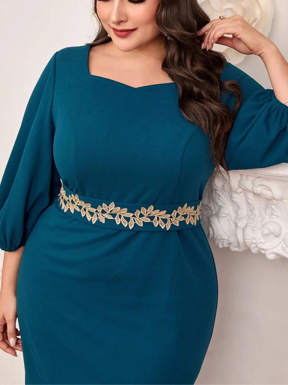 Plus Size Gold Leaf Accent Elegant A-line Dress, 3 of 5