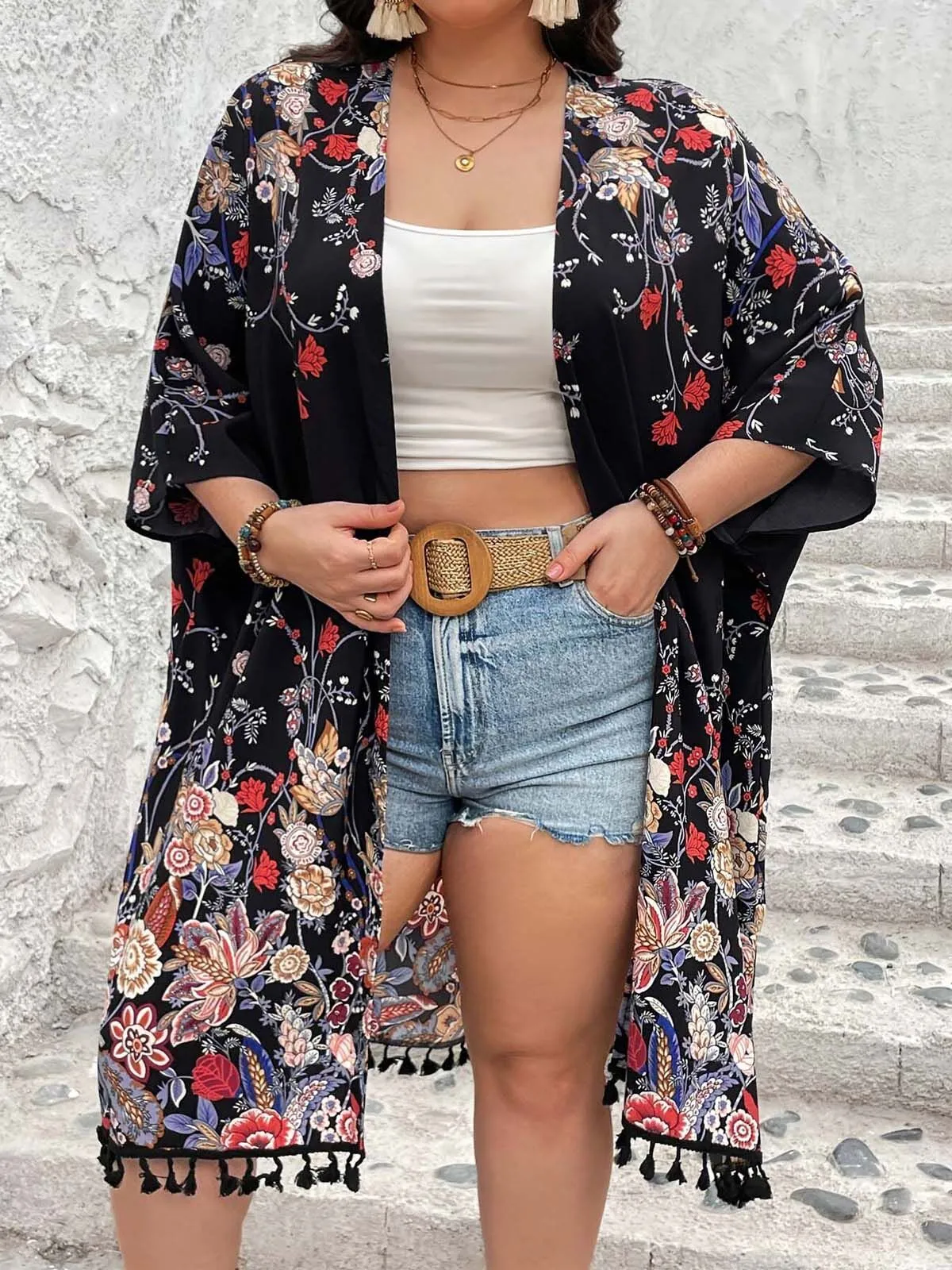 Plus Size Floral Fringe Boho Cardigan, 1 of 7