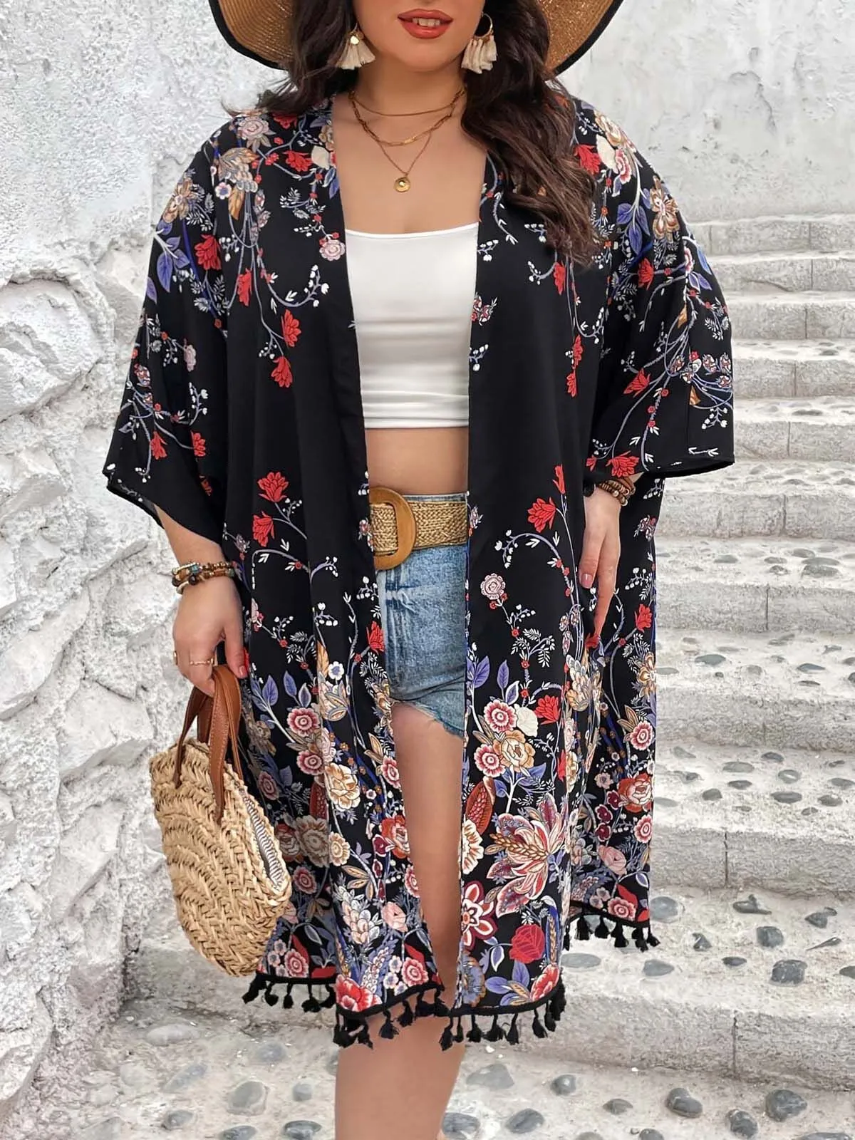 Plus Size Floral Fringe Boho Cardigan, 3 of 7