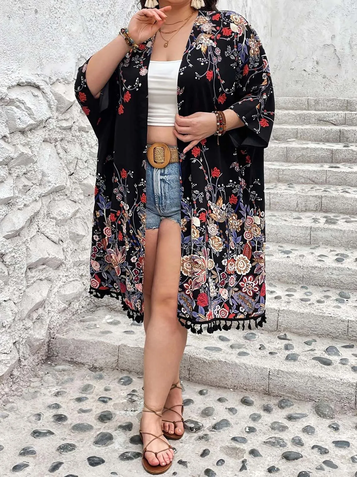 Plus Size Floral Fringe Boho Cardigan, 4 of 7