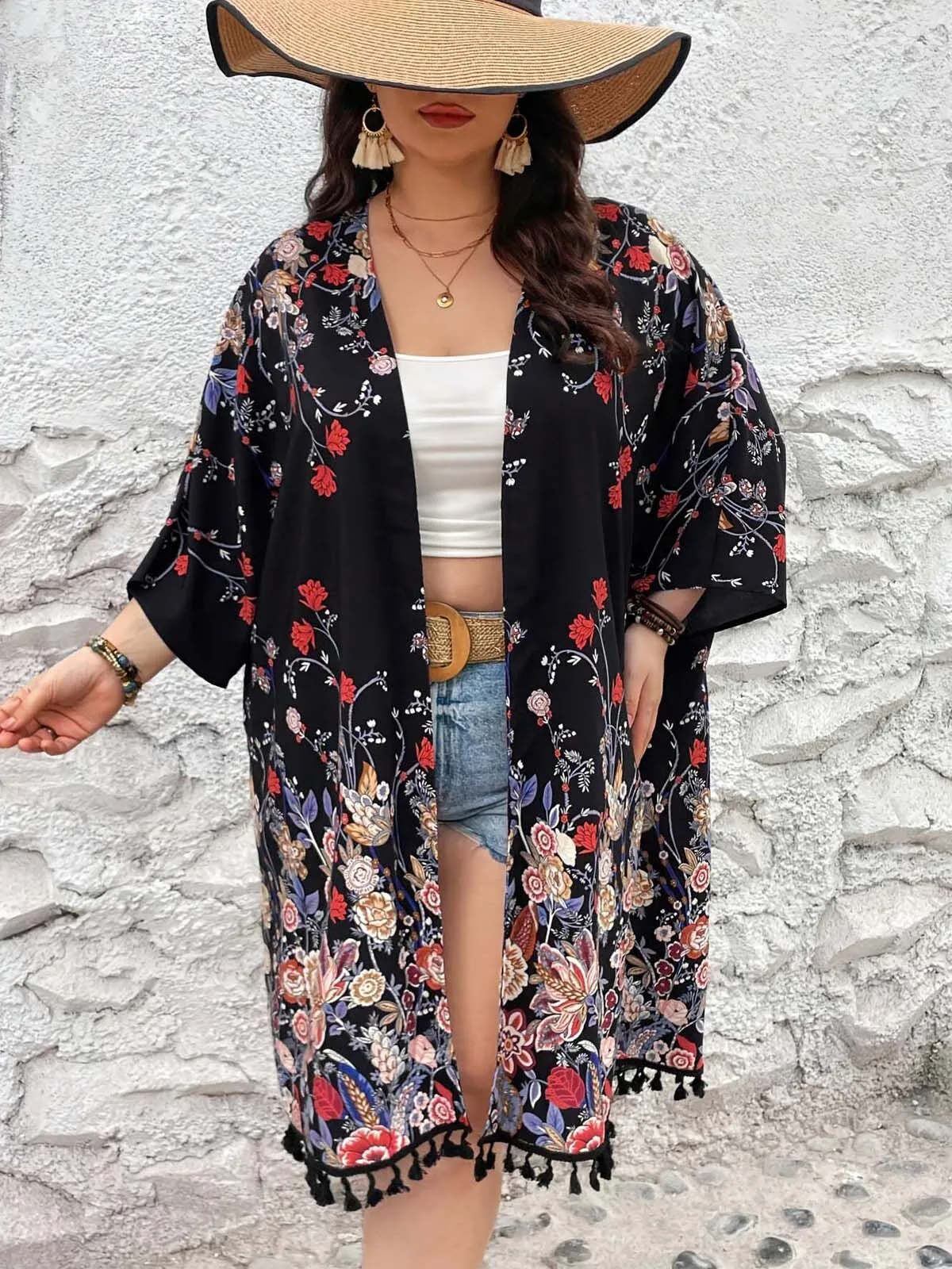 Plus Size Floral Fringe Boho Cardigan, 5 of 7