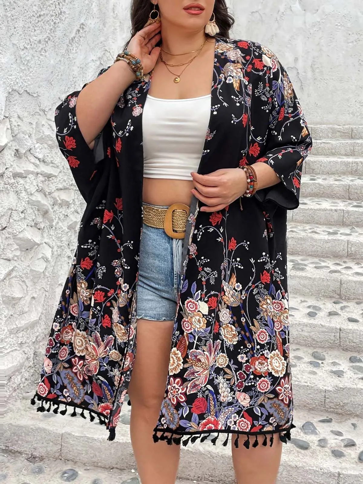 Plus Size Floral Fringe Boho Cardigan, 6 of 7