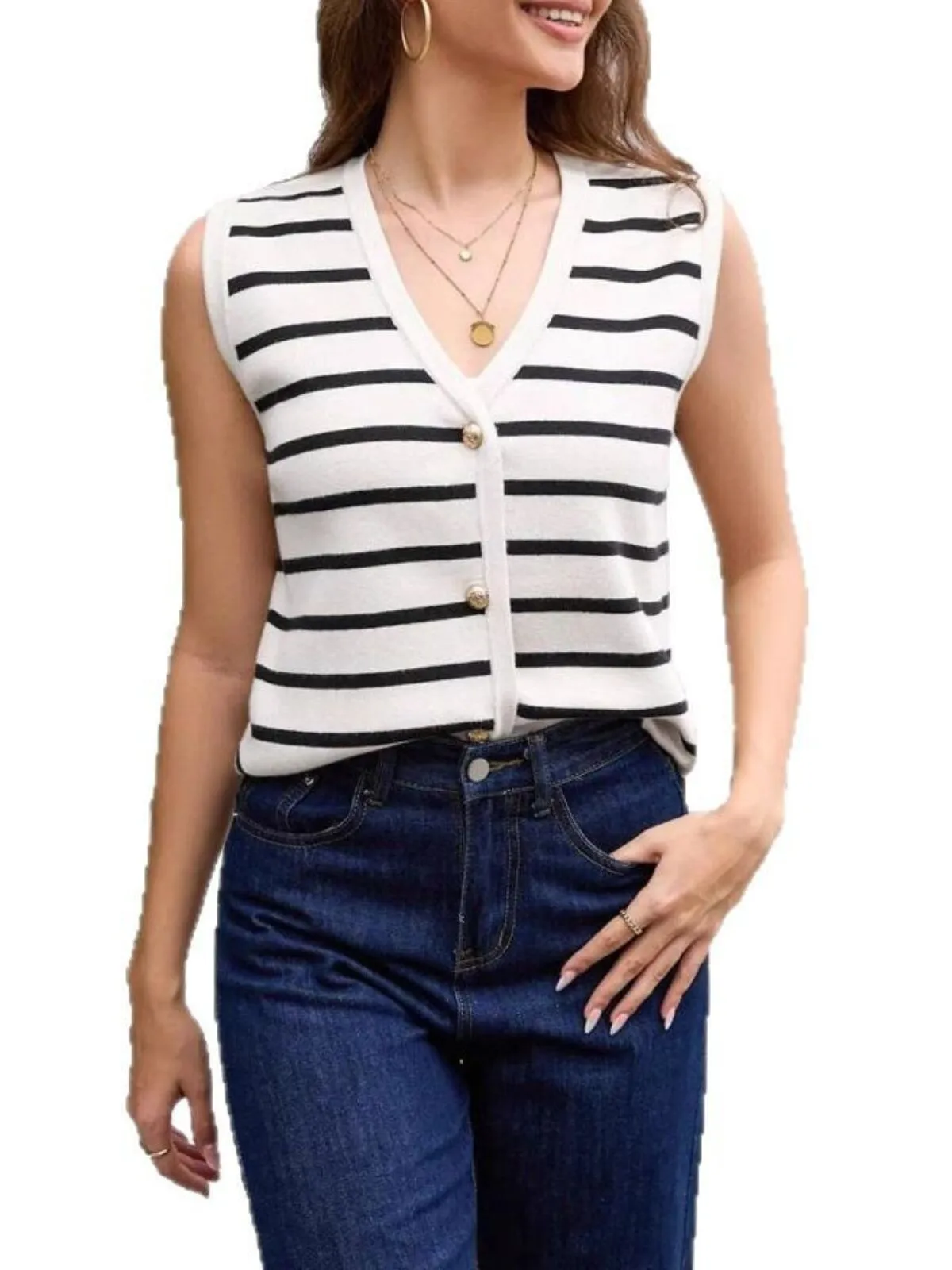 Stripe Button V-neck Vest, 3 of 3