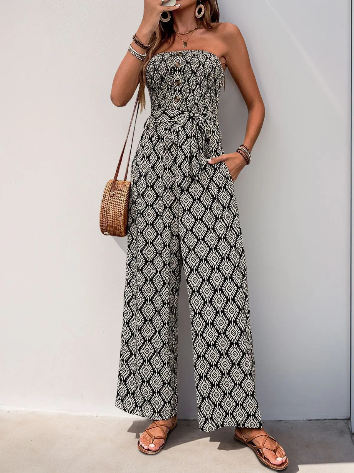 Boho Geometric Button Strapless High Rise Jumpsuits, 1 of 9