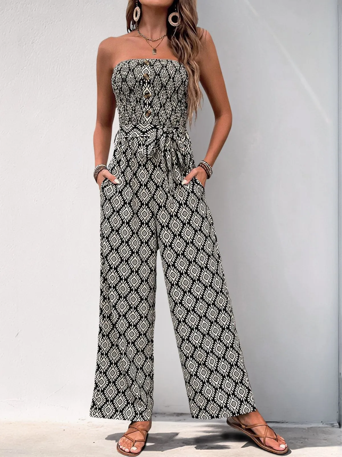 Boho Geometric Button Strapless High Rise Jumpsuits, 4 of 9