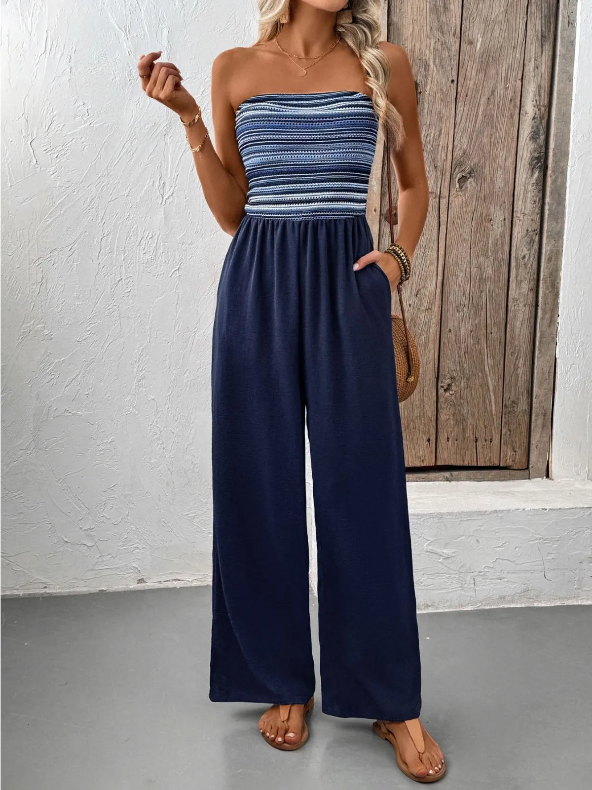 Boho Striped Strapless High Rise Jumpsuits, 4 of 5