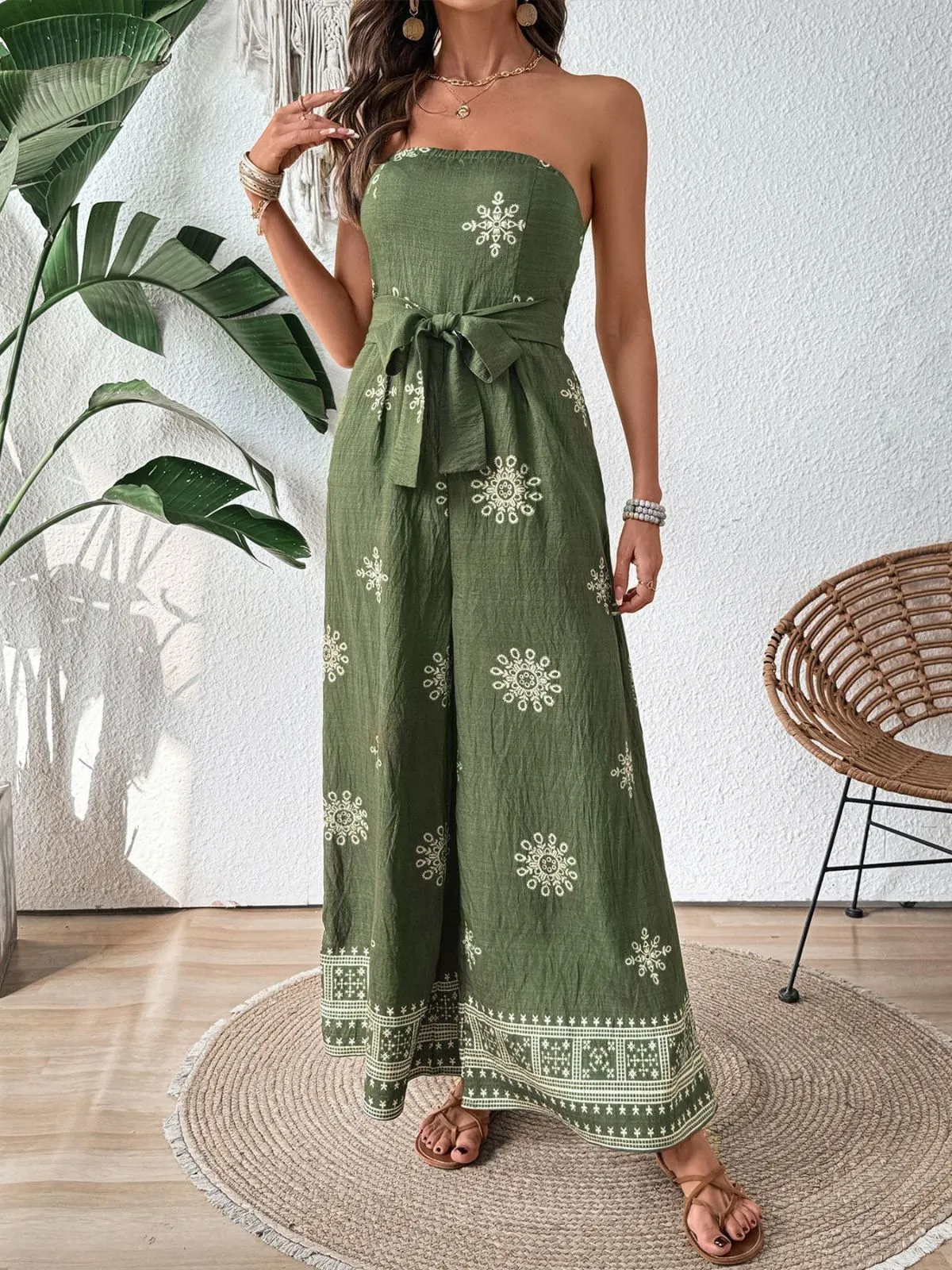 Vacation Geometric Lace-up Strapless High Rise Jumpsuits, 3 of 11