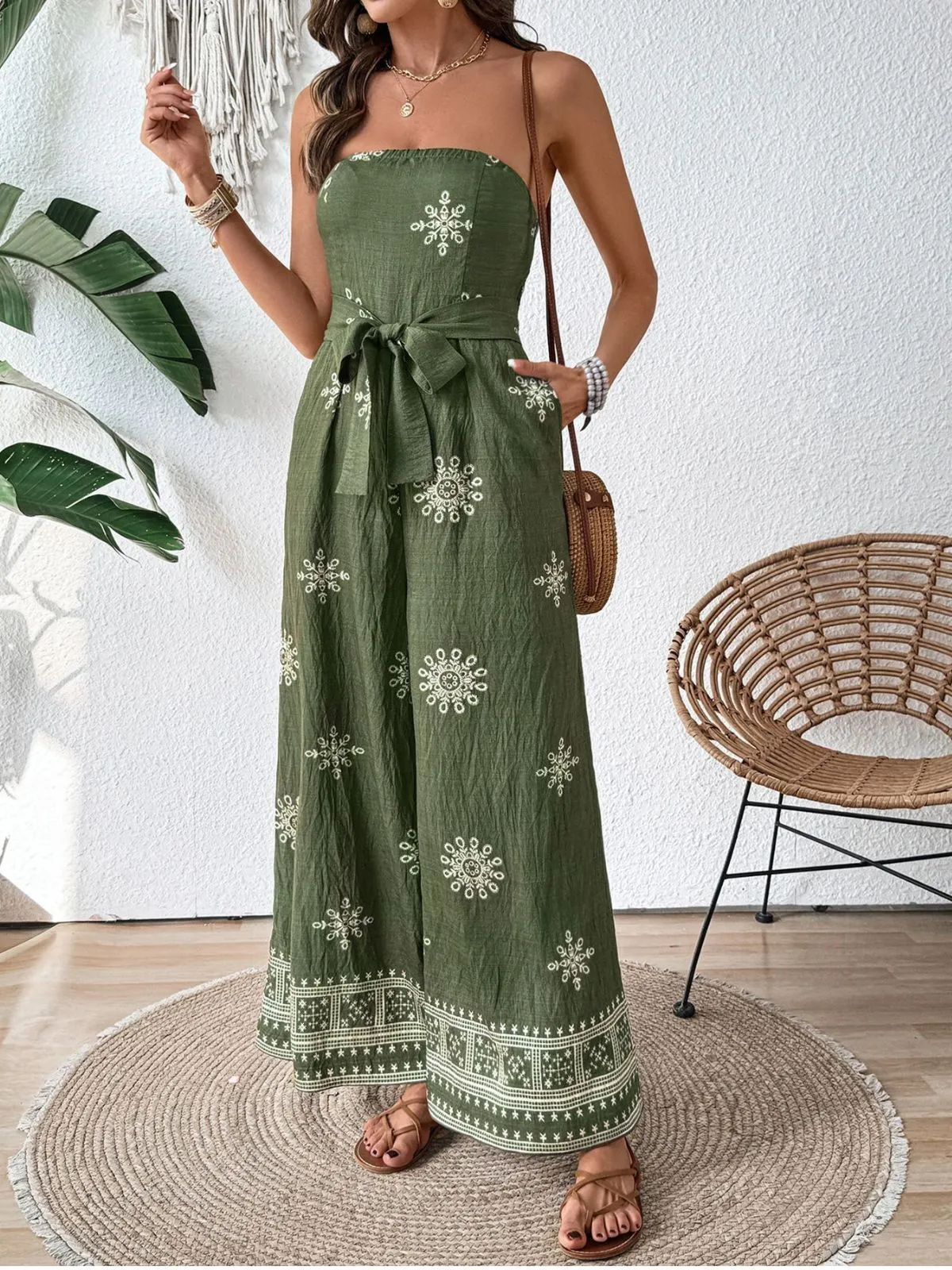 Vacation Geometric Lace-up Strapless High Rise Jumpsuits, 4 of 11