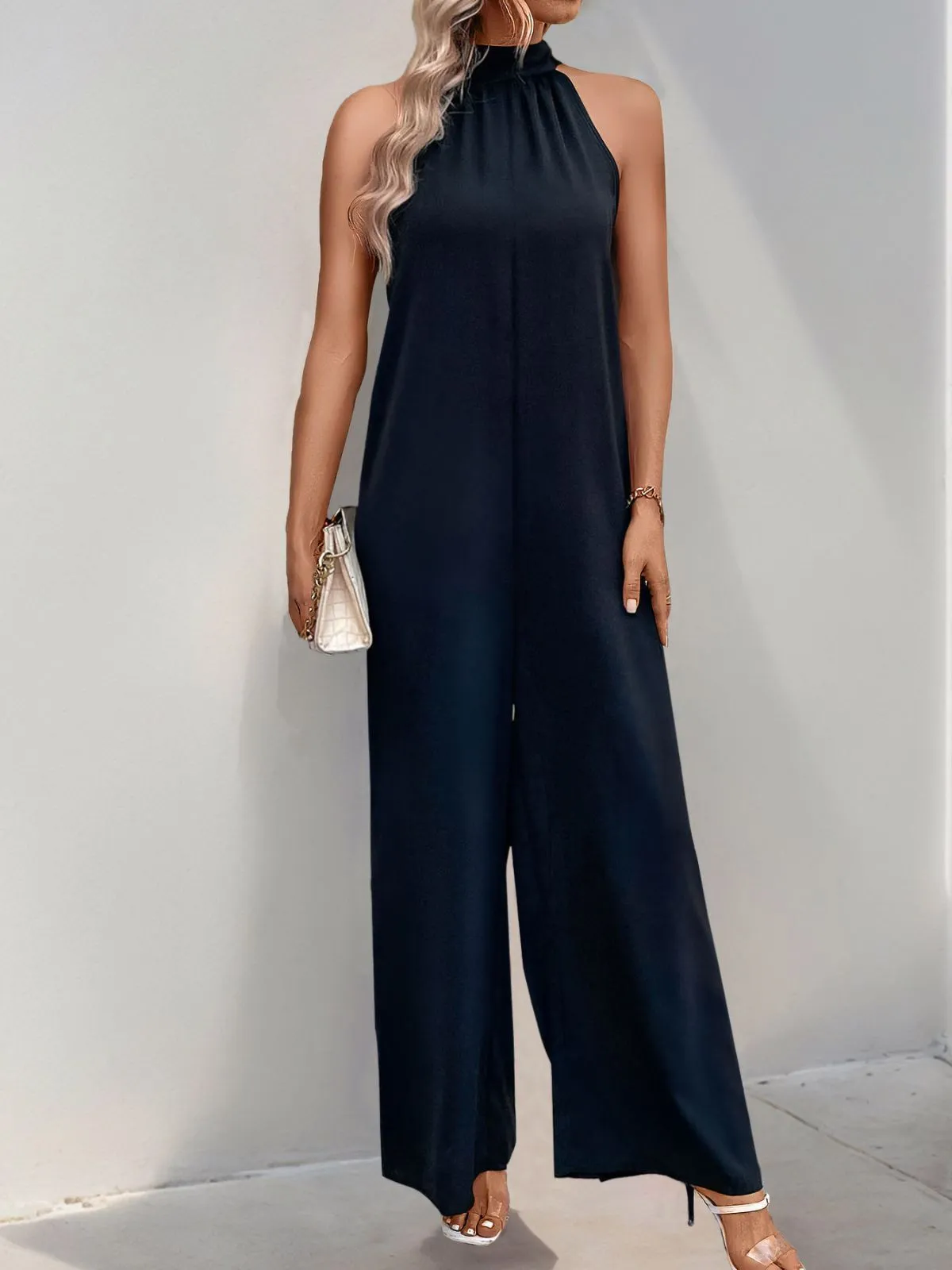 Solid Lace-up Halter High Rise Jumpsuits, 3 of 5