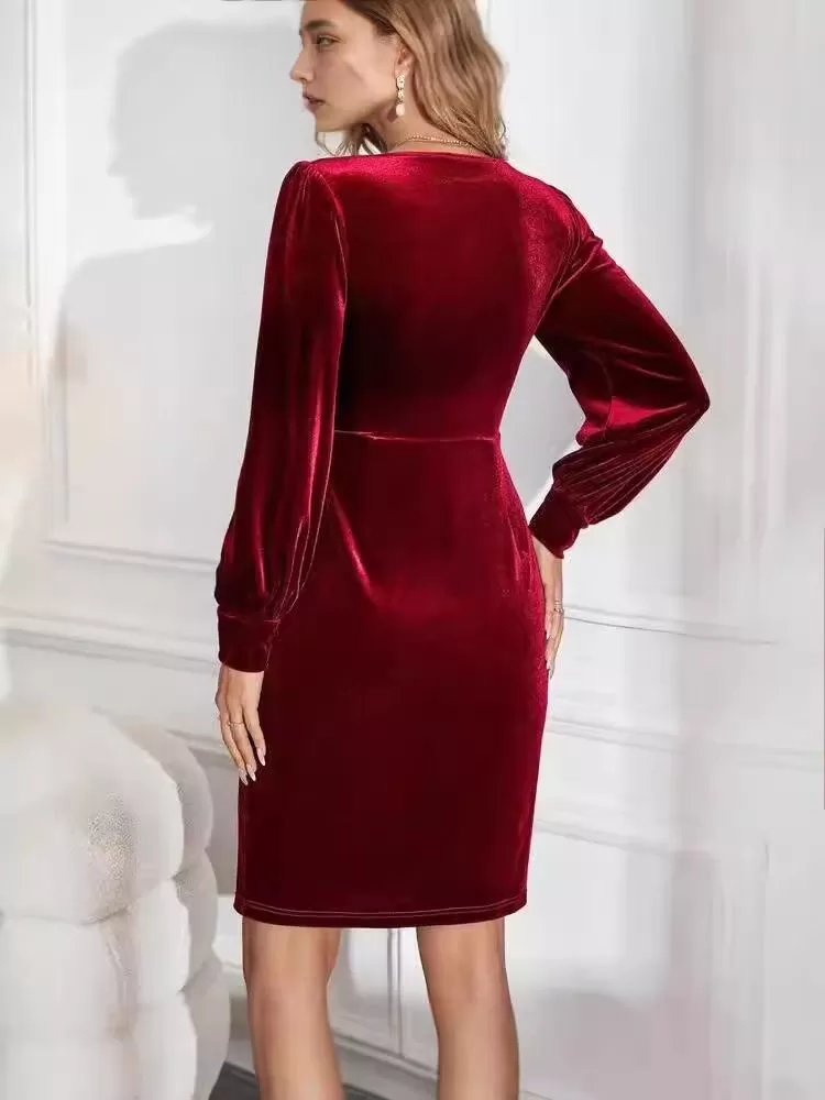Solid Elegant Party Velvet Split Square Neck A-line Dress, 3 of 4
