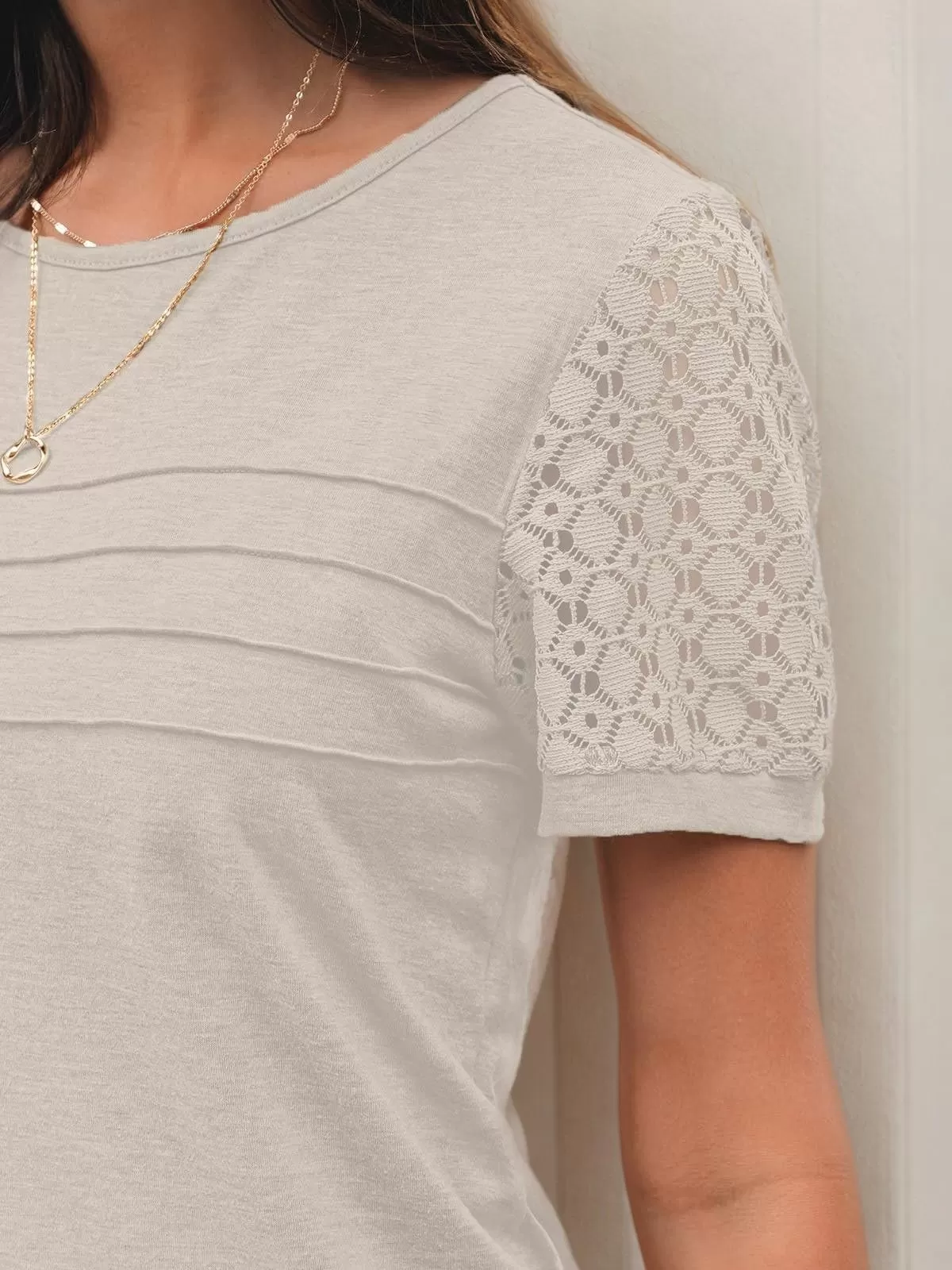 Solid Crochet Cutouts Round Neck Lace Sleeve T-shirt, 5 of 5