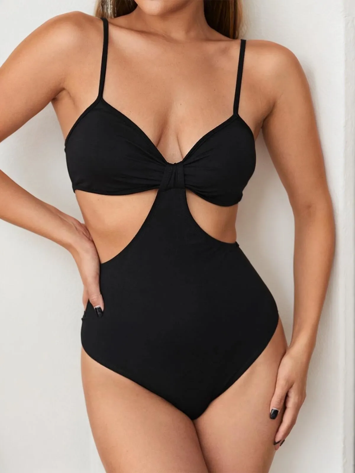 Sexy Solid Knot Front Cutout Detail Cami Backless Spaghetti Strap Bodysuits, 1 of 5