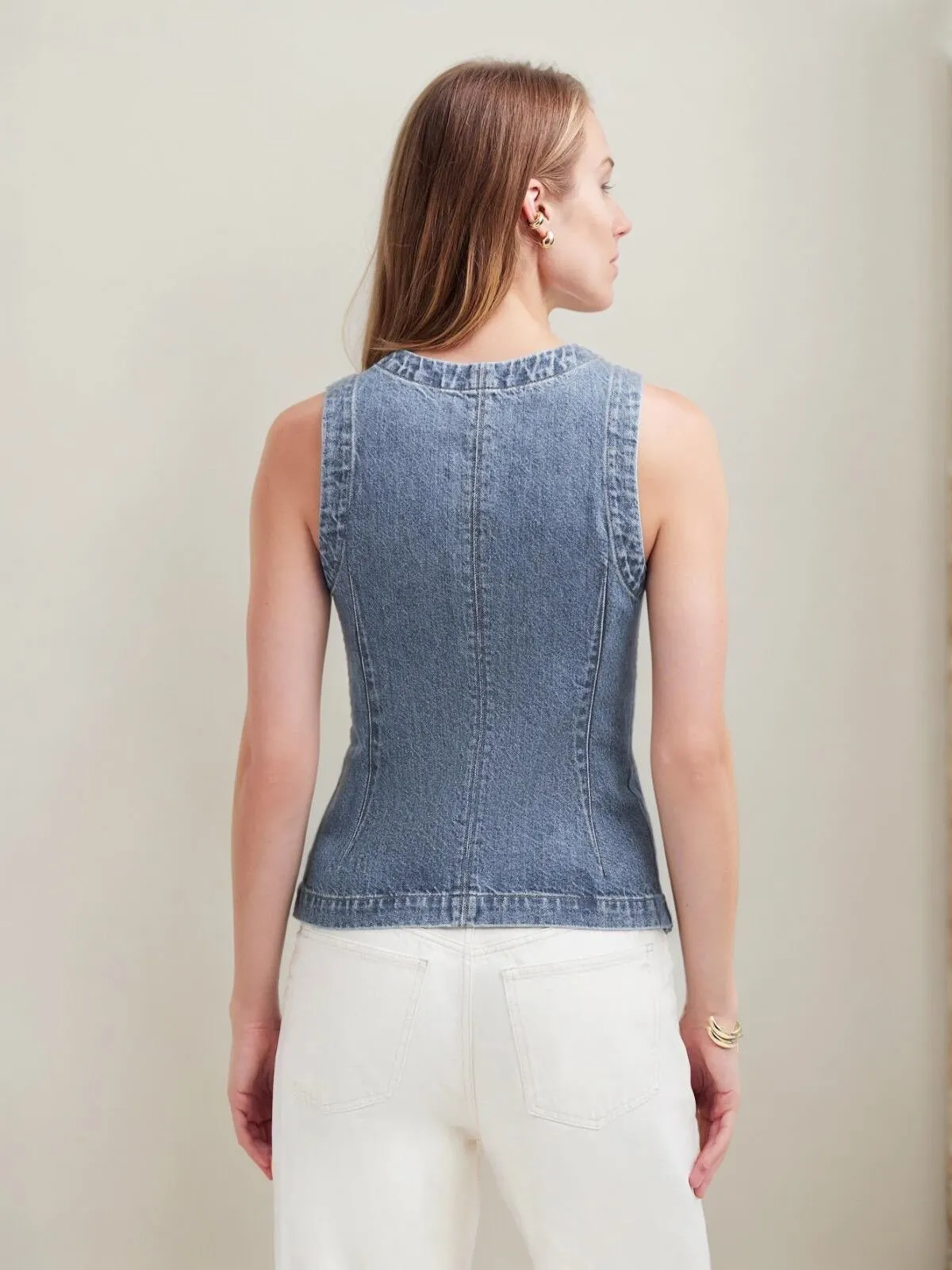 Solid Button Round Neck Denim Vest, 2 of 6