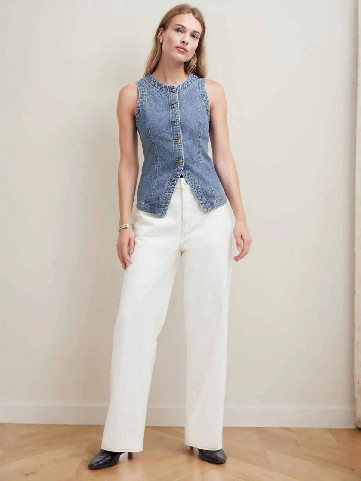 Solid Button Round Neck Denim Vest, 3 of 6