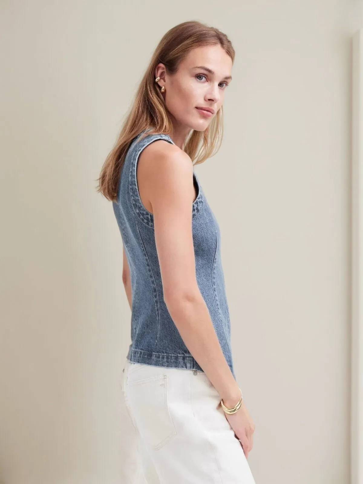 Solid Button Round Neck Denim Vest, 5 of 6