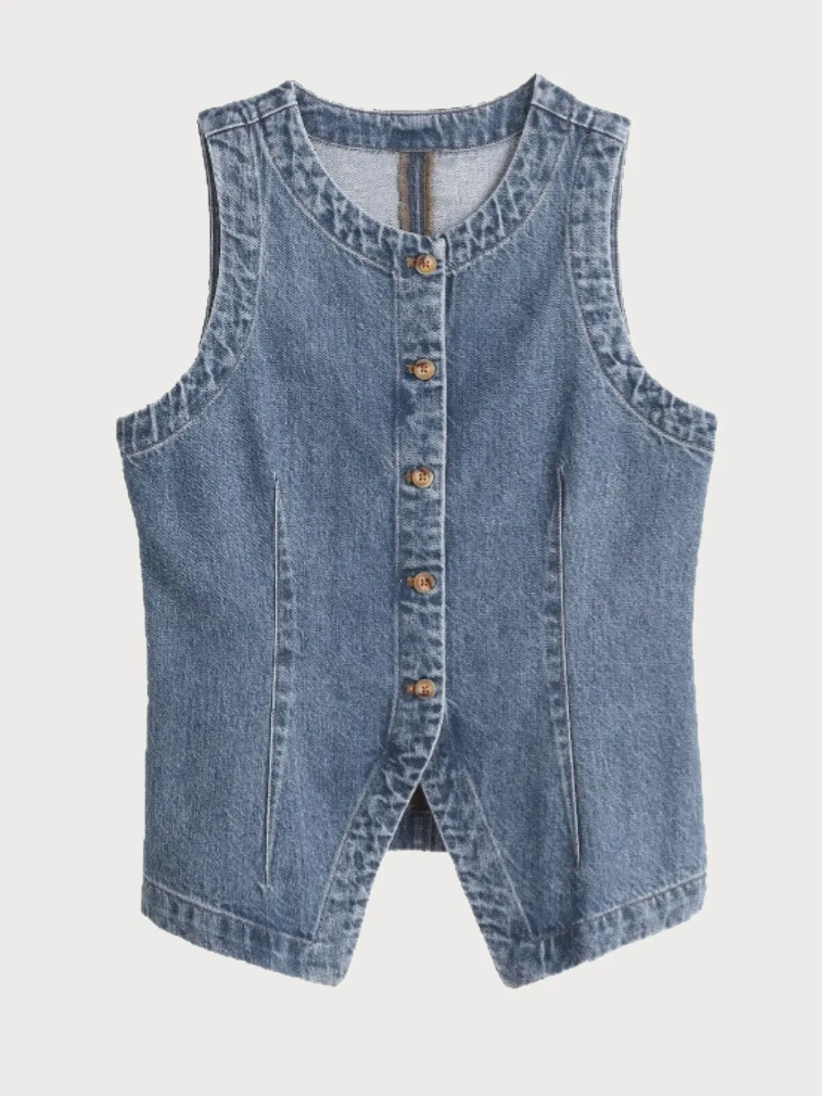Solid Button Round Neck Denim Vest, 6 of 6