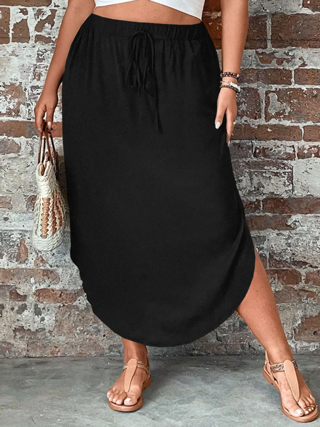 Plus Size Comfy Casual Long Solid Split Medium Rise Skirt, 1 of 4