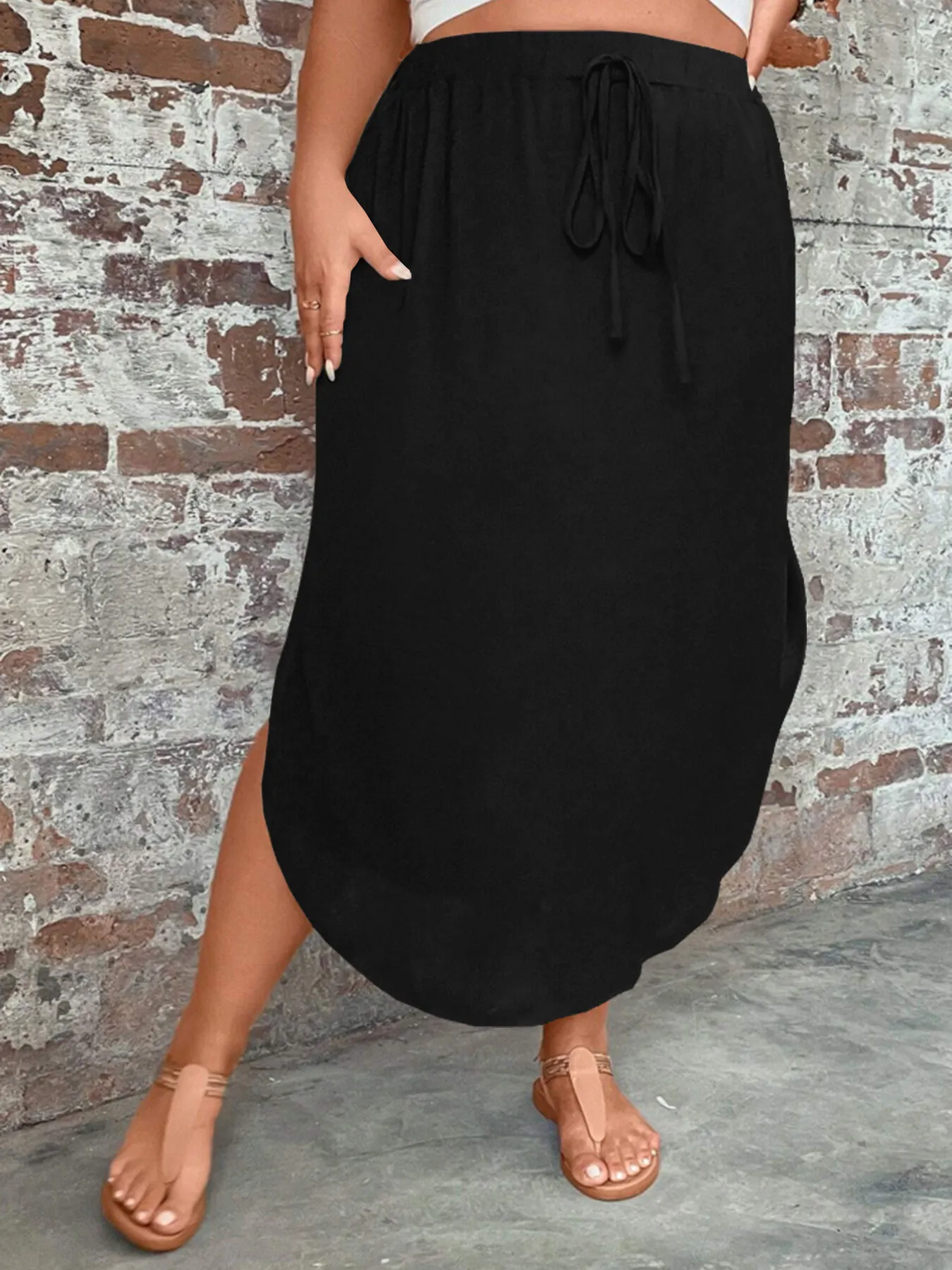 Plus Size Comfy Casual Long Solid Split Medium Rise Skirt, 4 of 4