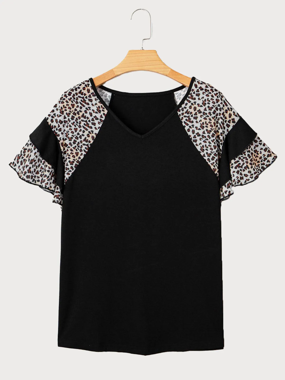 Plus Size Leopard Flounce Sleeve Casual T-shirt, 3 of 6