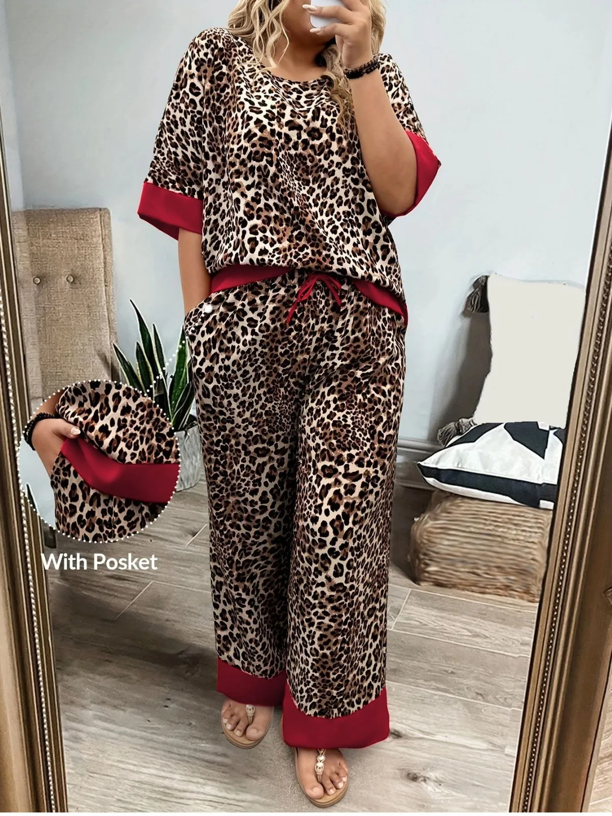 Plus Size Leopard Batwing Sleeve T-shirt & Vintage Pants, 1 of 5