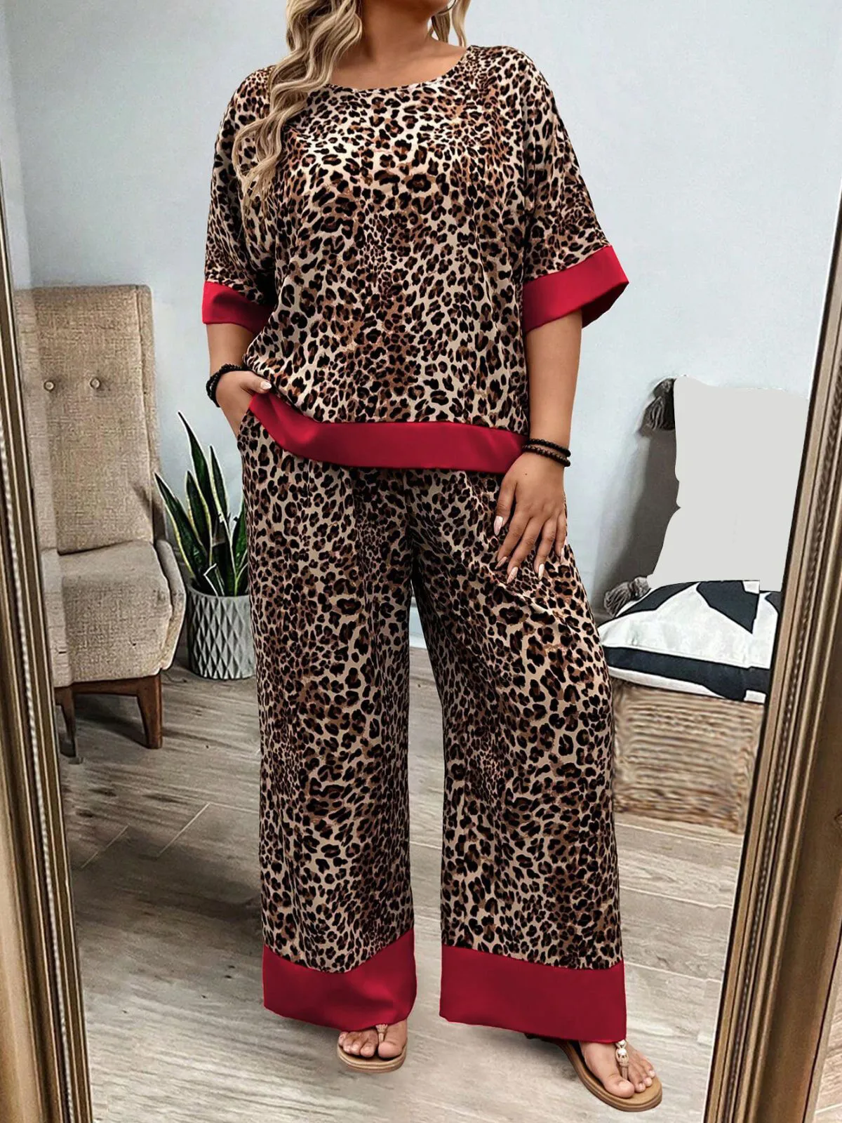 Plus Size Leopard Batwing Sleeve T-shirt & Vintage Pants, 3 of 5