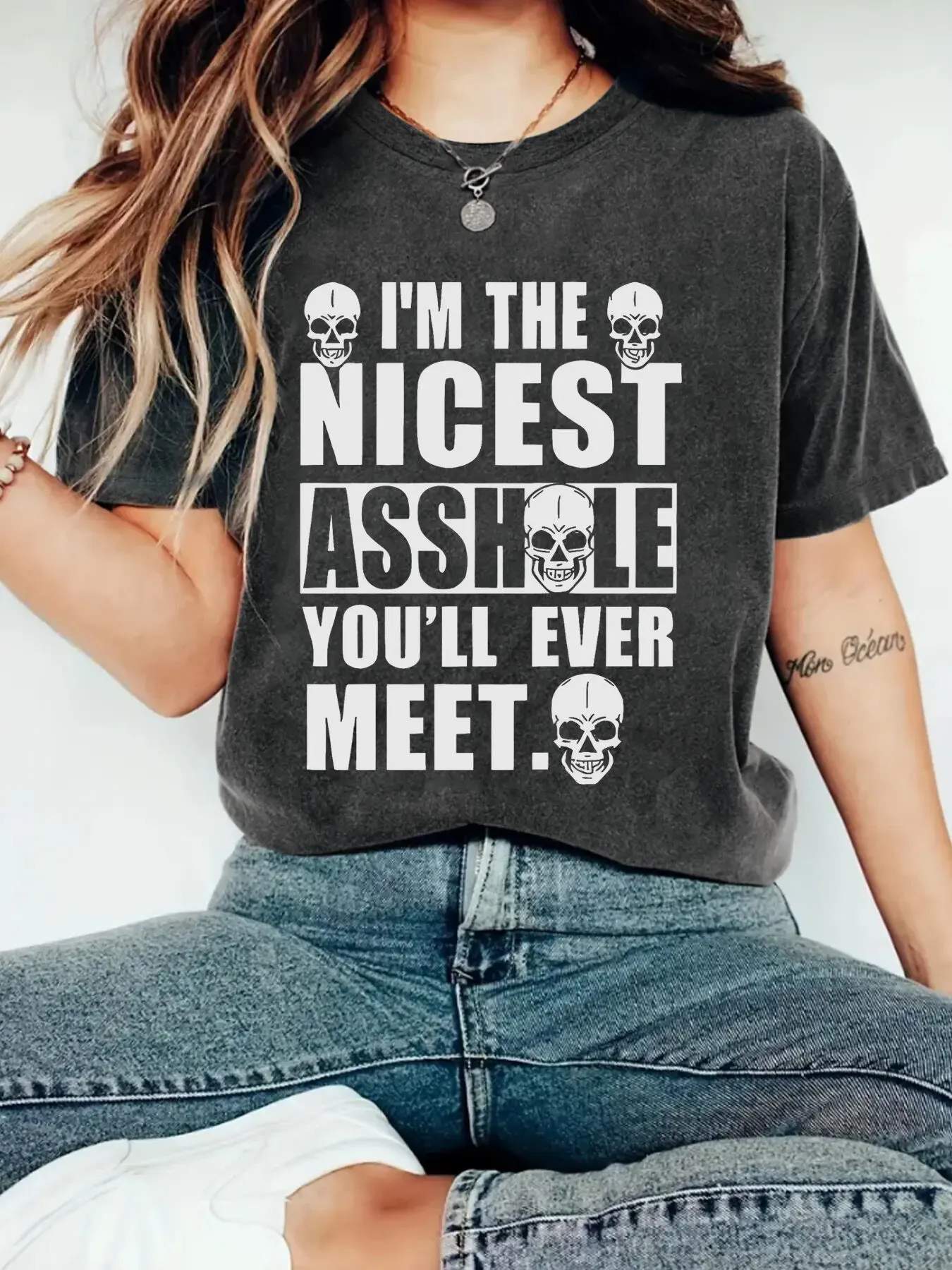 Letter Print Skull Heat Transfer Round Neck Soft T-shirt, 2 of 3