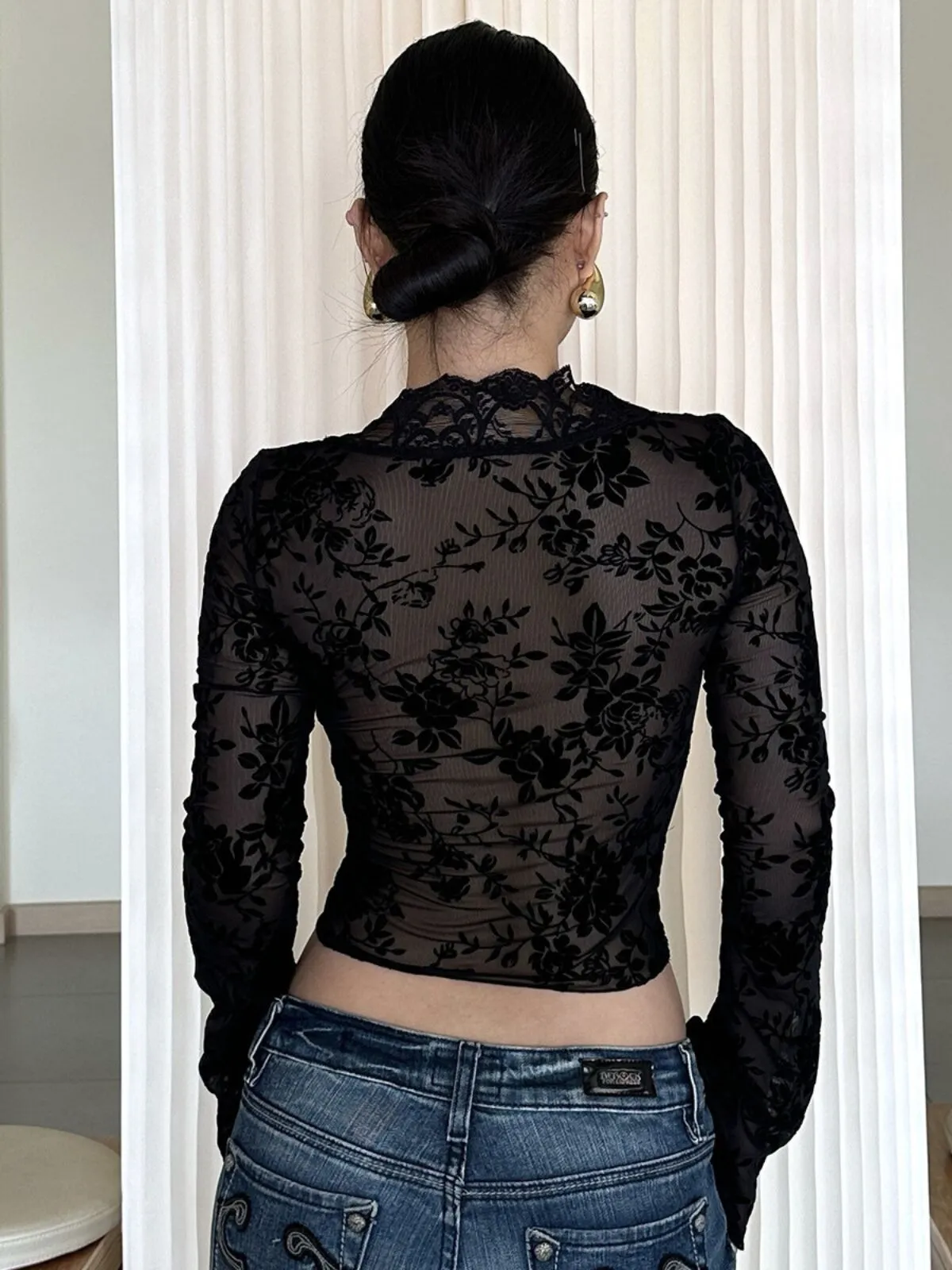 Sexy Leopard Lace Patchwork Deep V-Neck Lace Flare Blouse, 2 of 3