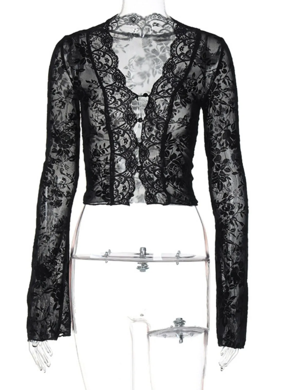 Sexy Leopard Lace Patchwork Deep V-Neck Lace Flare Blouse, 3 of 3