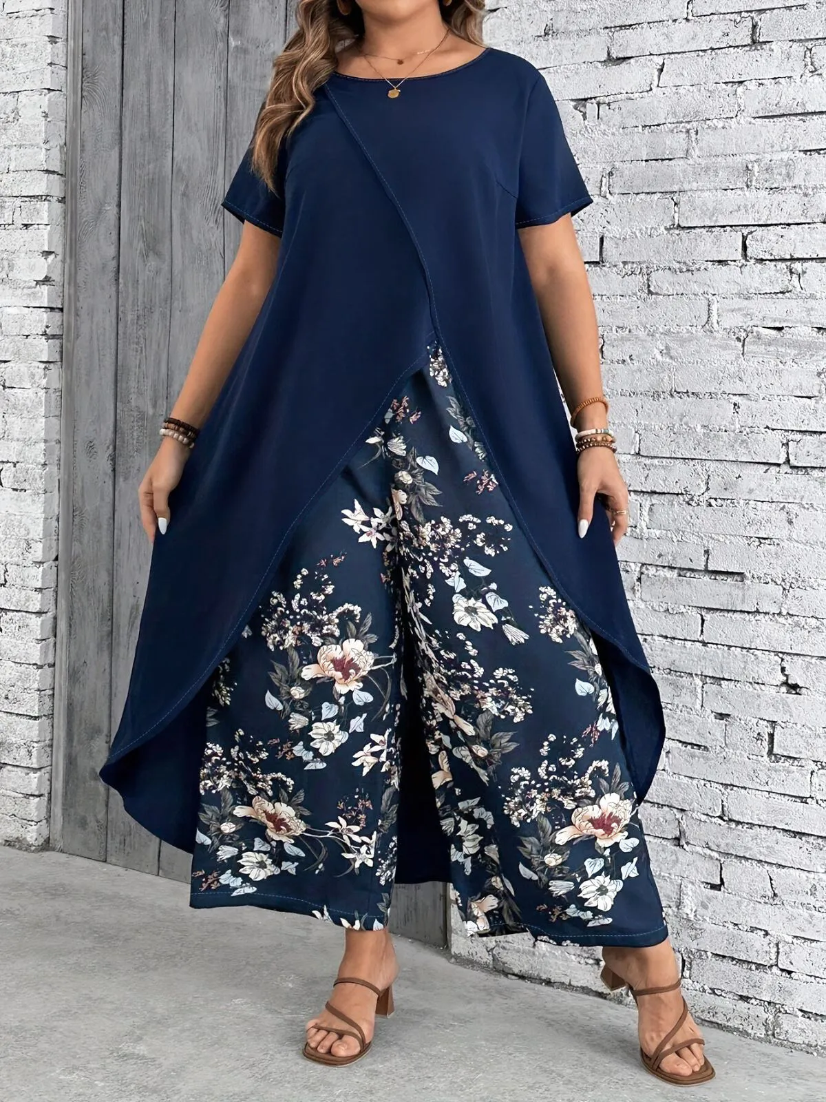 Plus Size Solid Asymmetrical Ultra Long Blouse & Floral Casual Pants, 1 of 5