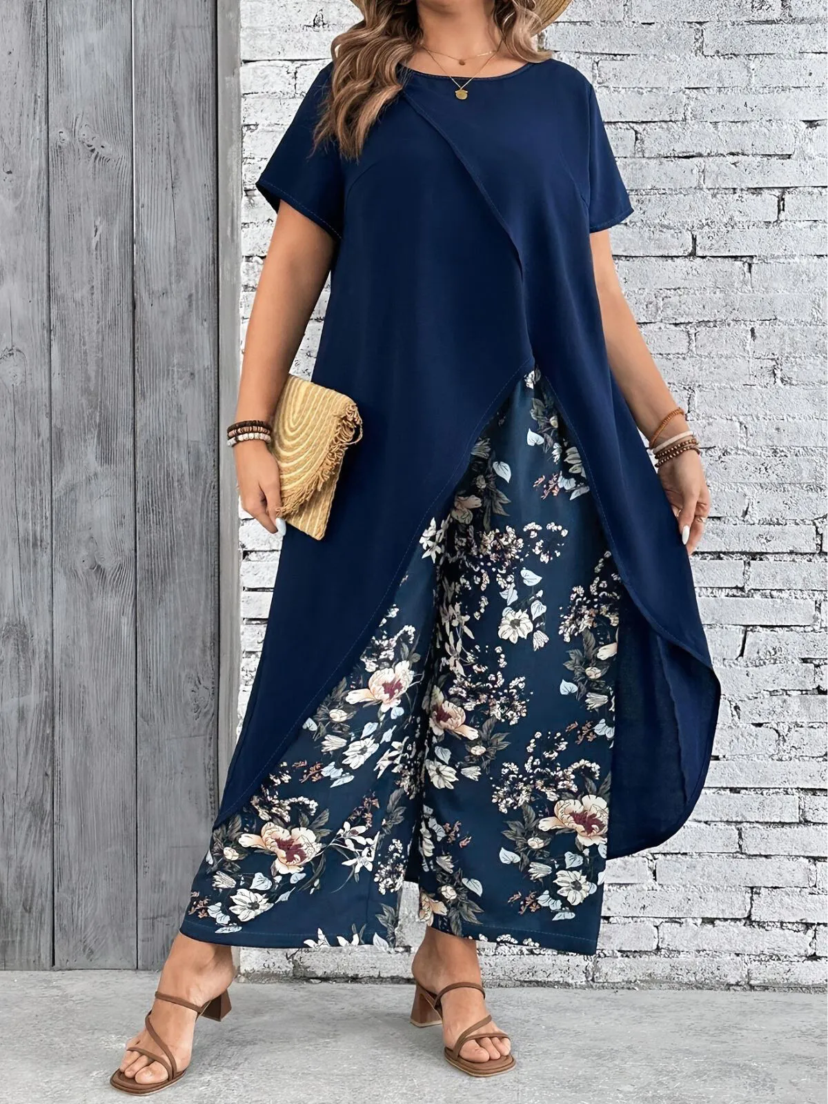 Plus Size Solid Asymmetrical Ultra Long Blouse & Floral Casual Pants, 4 of 5