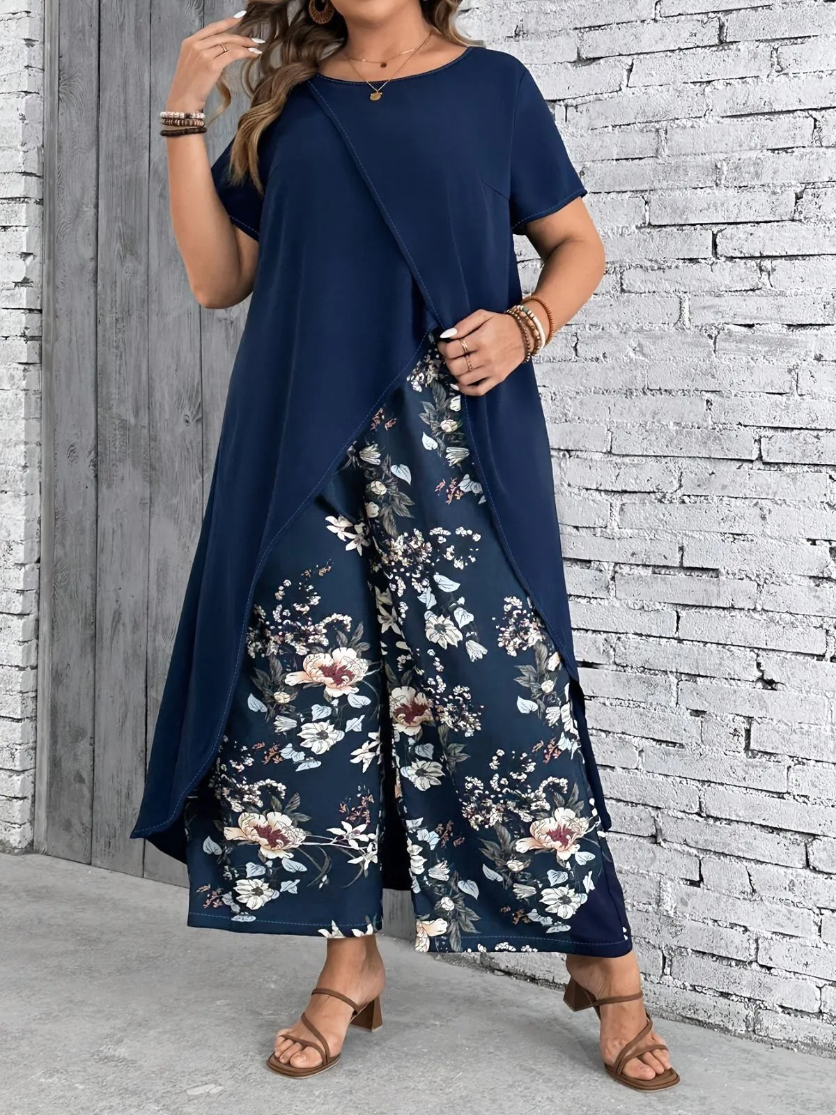 Plus Size Solid Asymmetrical Ultra Long Blouse & Floral Casual Pants, 5 of 5