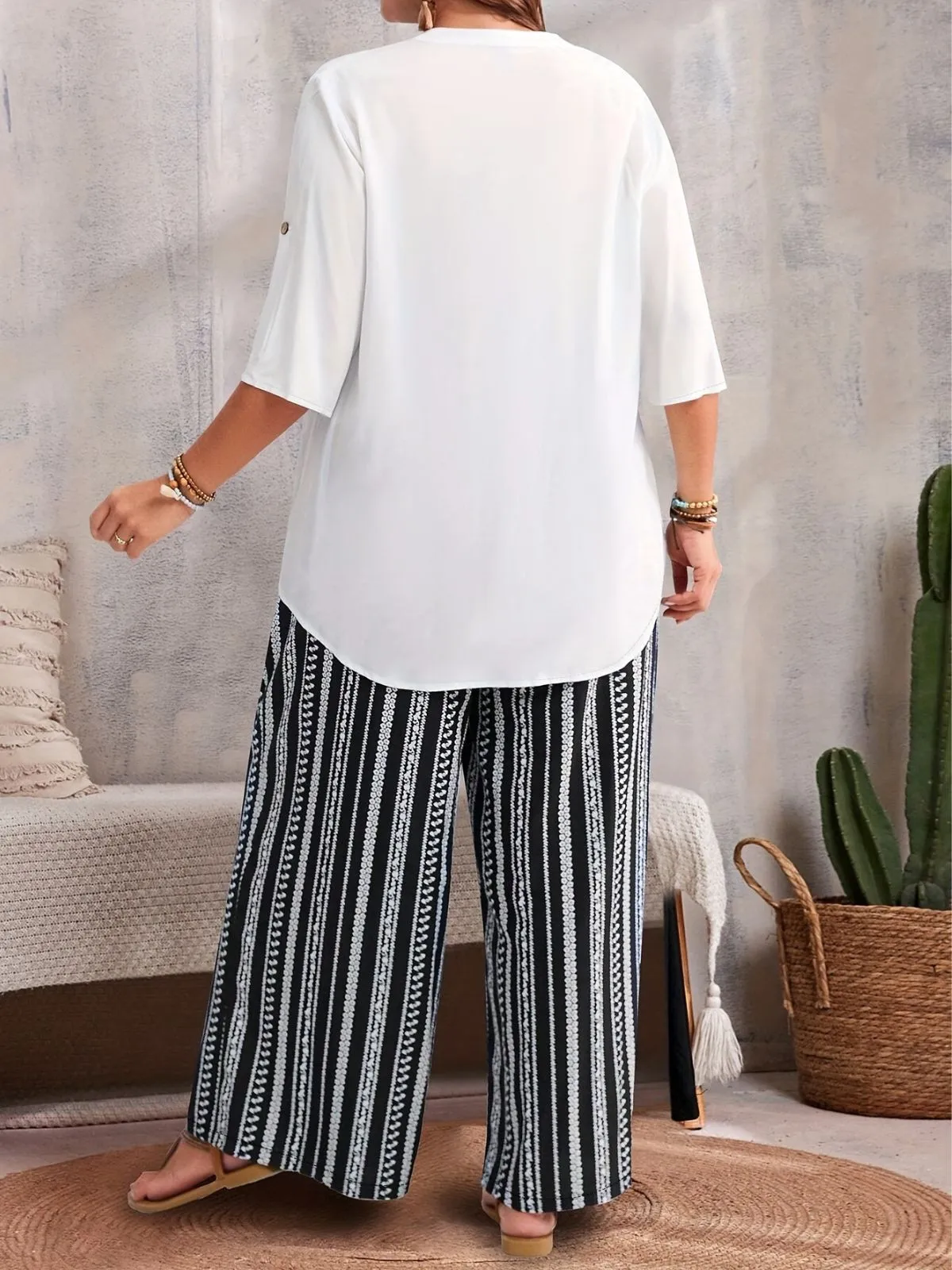 Plus Size Solid Roll Up Notched Button Blouse & Geometric Pants, 2 of 5