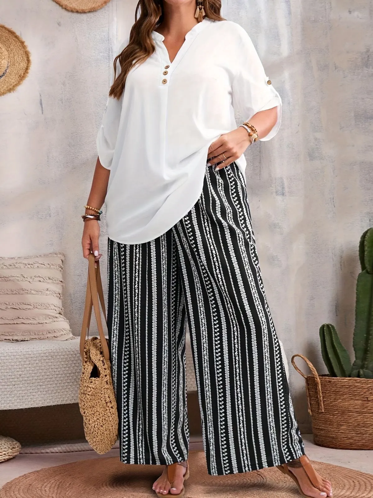 Plus Size Solid Roll Up Notched Button Blouse & Geometric Pants, 3 of 5