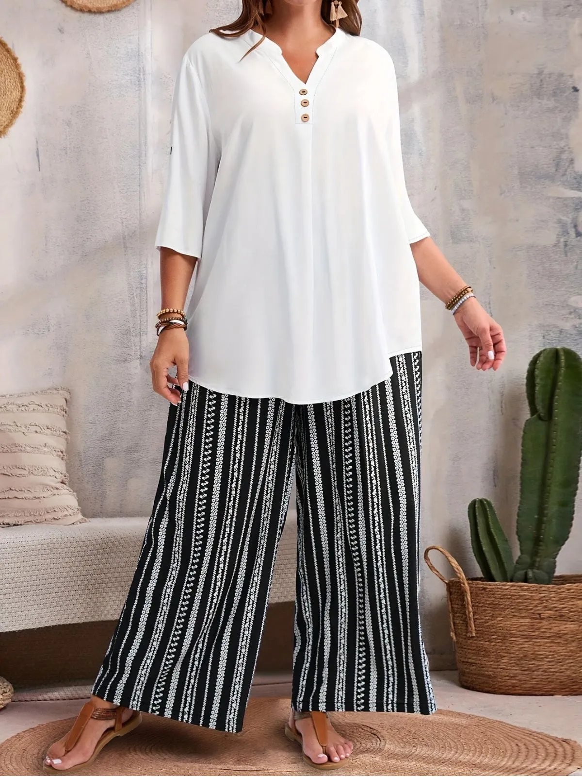 Plus Size Solid Roll Up Notched Button Blouse & Geometric Pants, 5 of 5