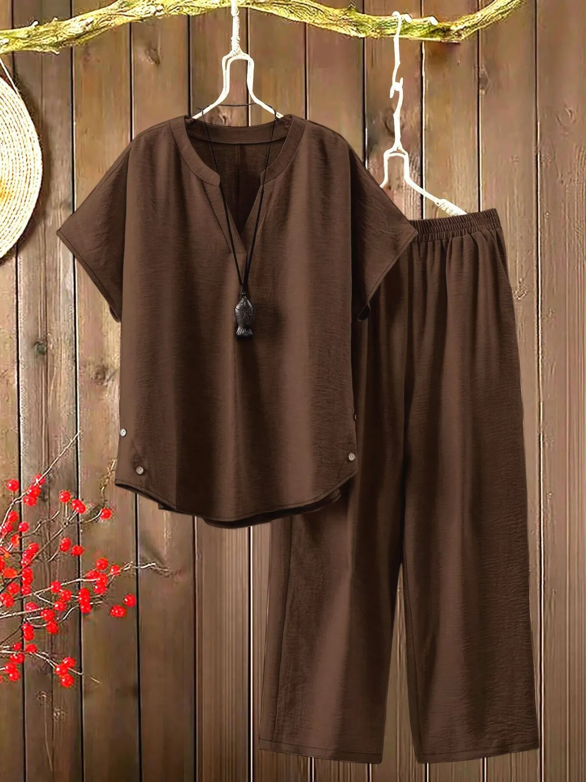 Plus Size Batwing Sleeve Notched Button Blouse & Solid Casual Pants, 1 of 4