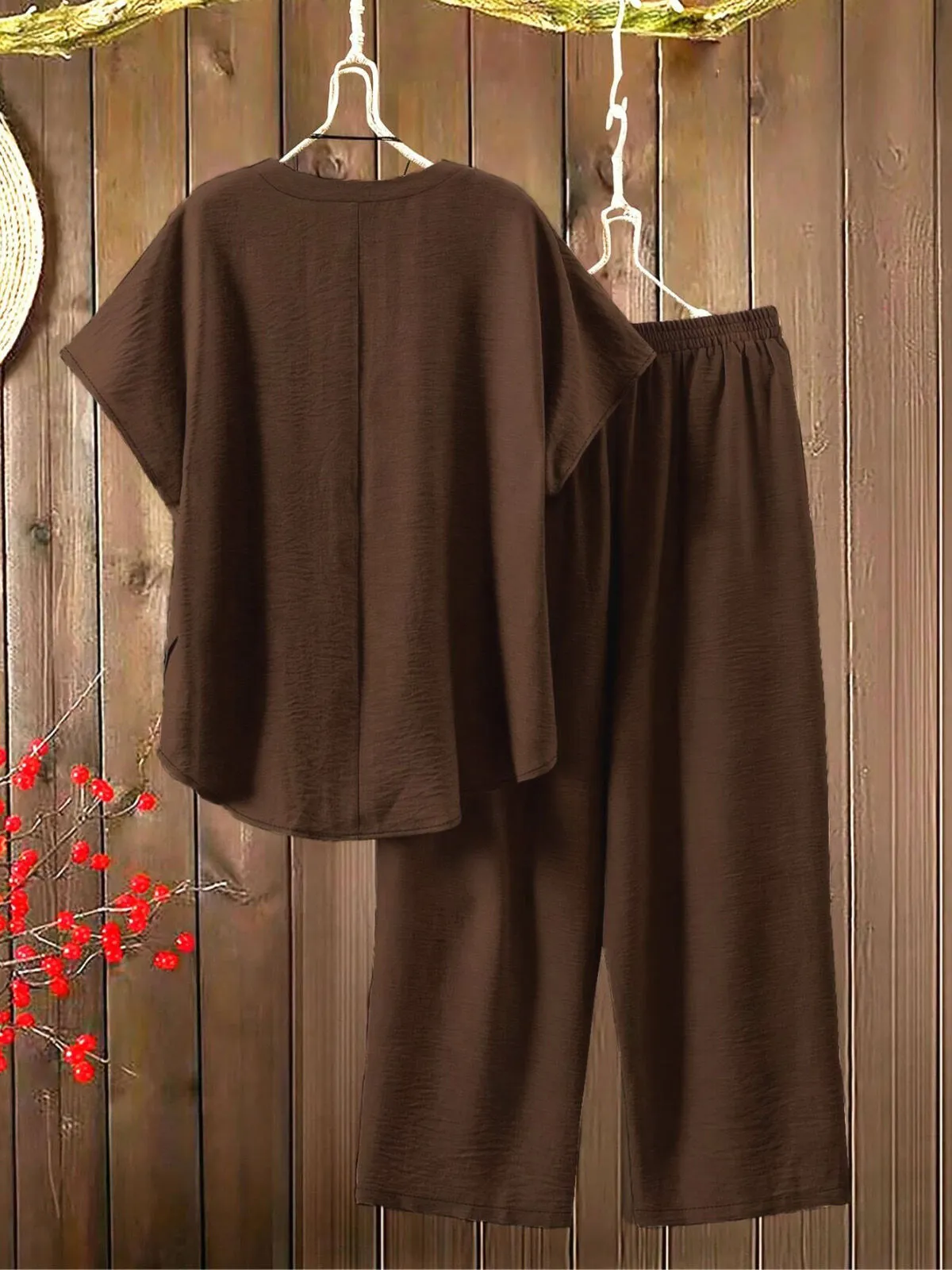 Plus Size Batwing Sleeve Notched Button Blouse & Solid Casual Pants, 2 of 4