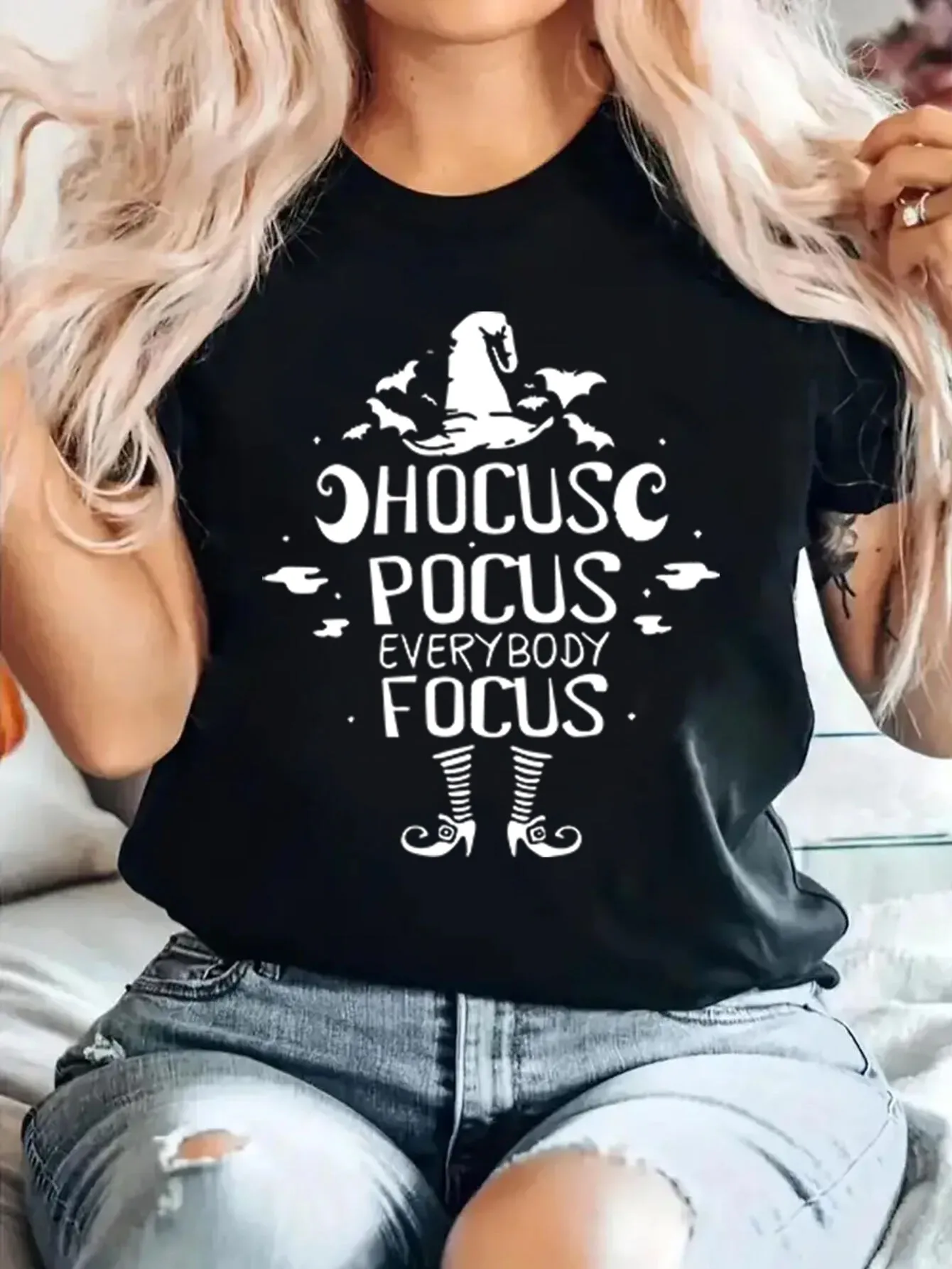 Letter Hocus Pocus Everybody Focus Round Neck Halloween Funny T-shirt, 1 of 4