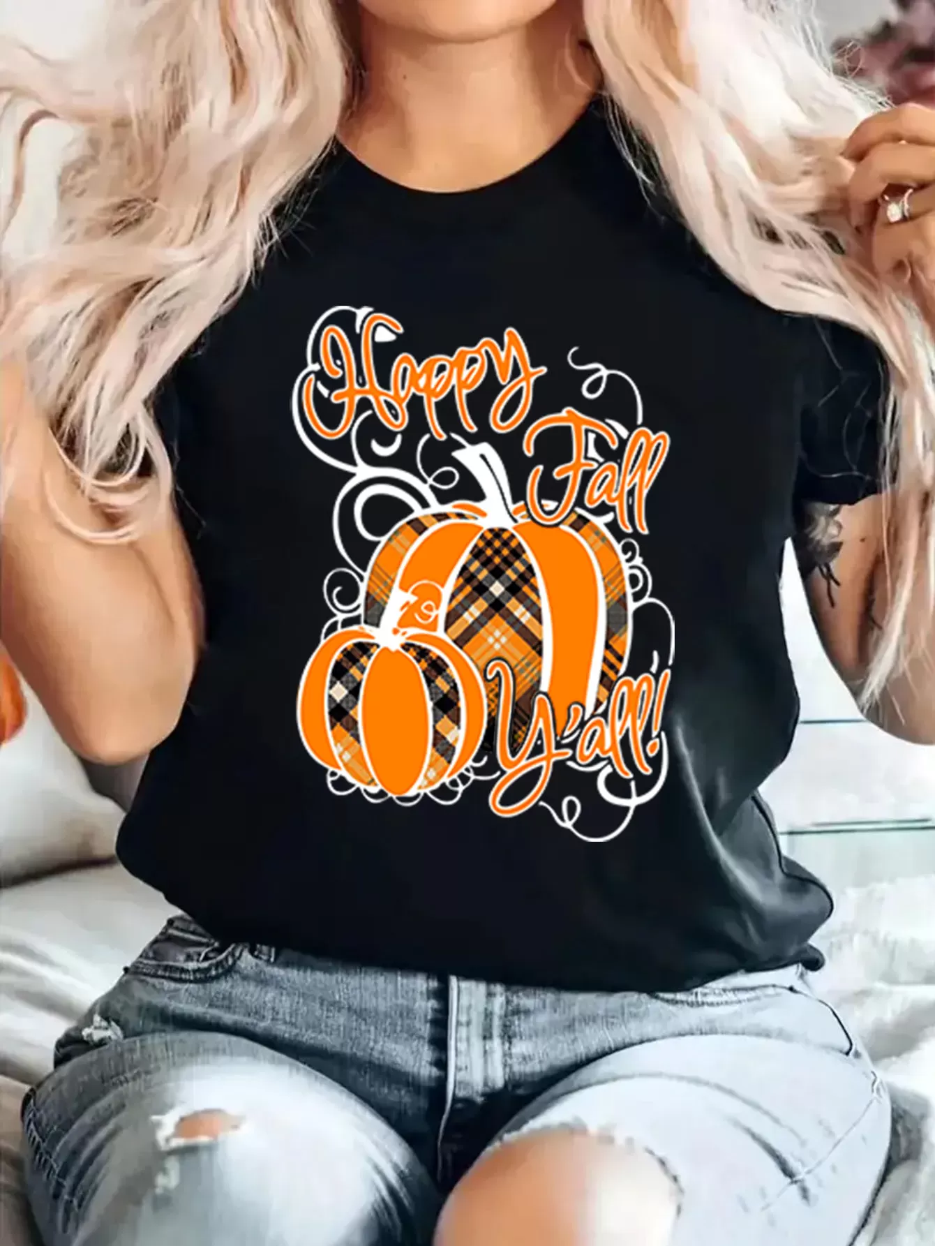 Happy Fall YAll Plaid Pumpkin Round Neck T-shirt, 2 of 5
