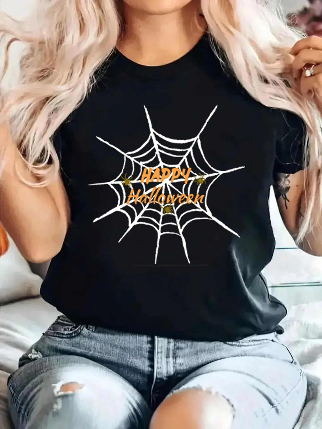 Spider Net Round Neck Letter Happy Halloween T-shirt, 1 of 4