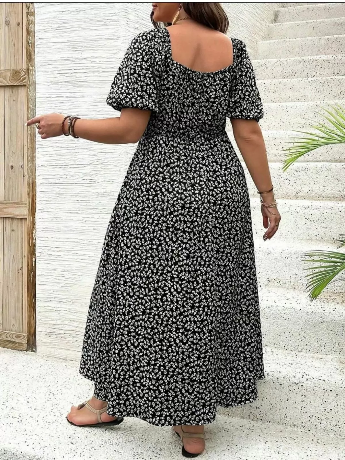Plus Size Ditsy Floral Split Square Neck Puff A-line Dress, 3 of 3