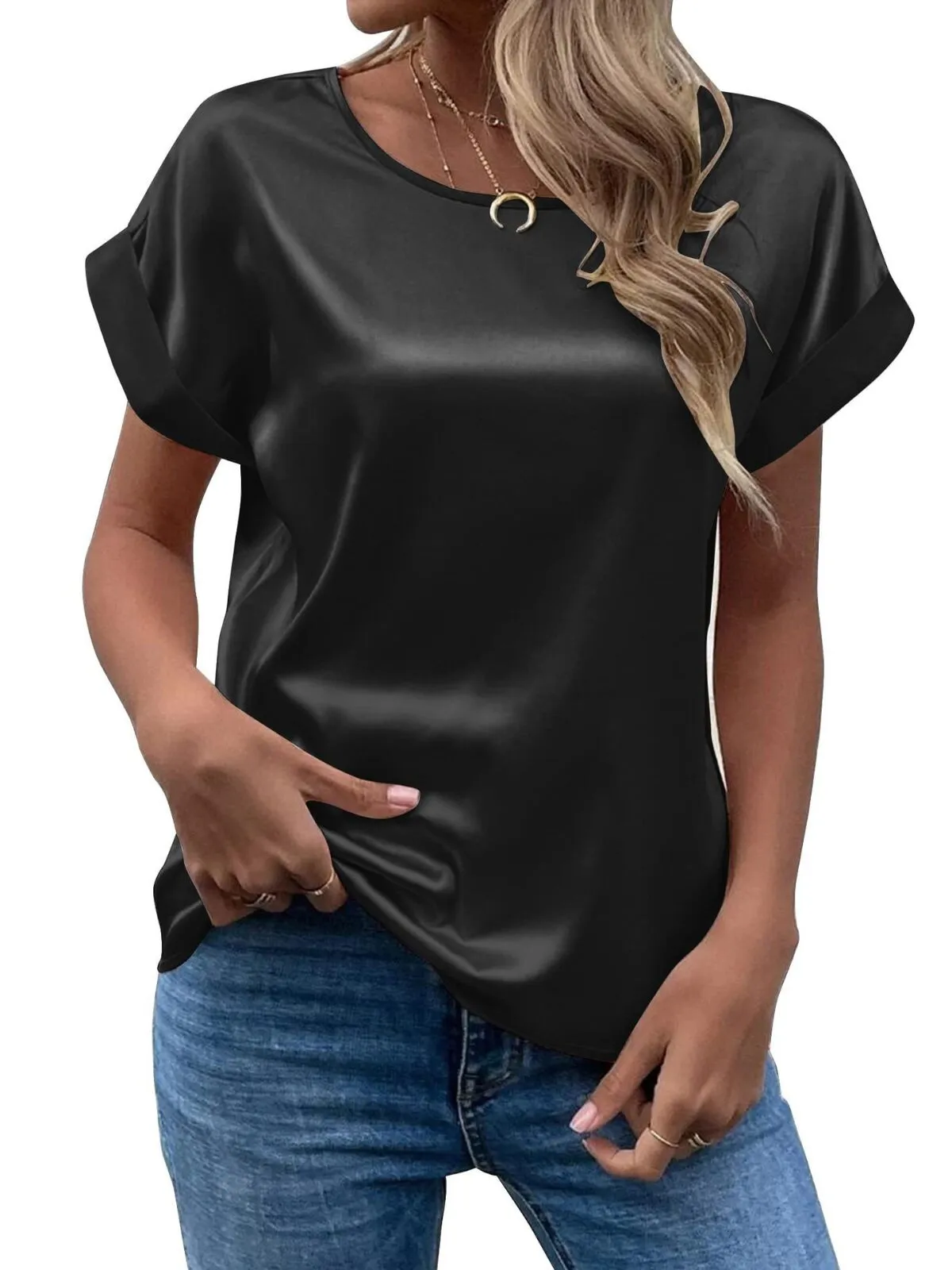 Solid Round Neck Drop Shoulder Elegant Satin T-shirt, 1 of 4