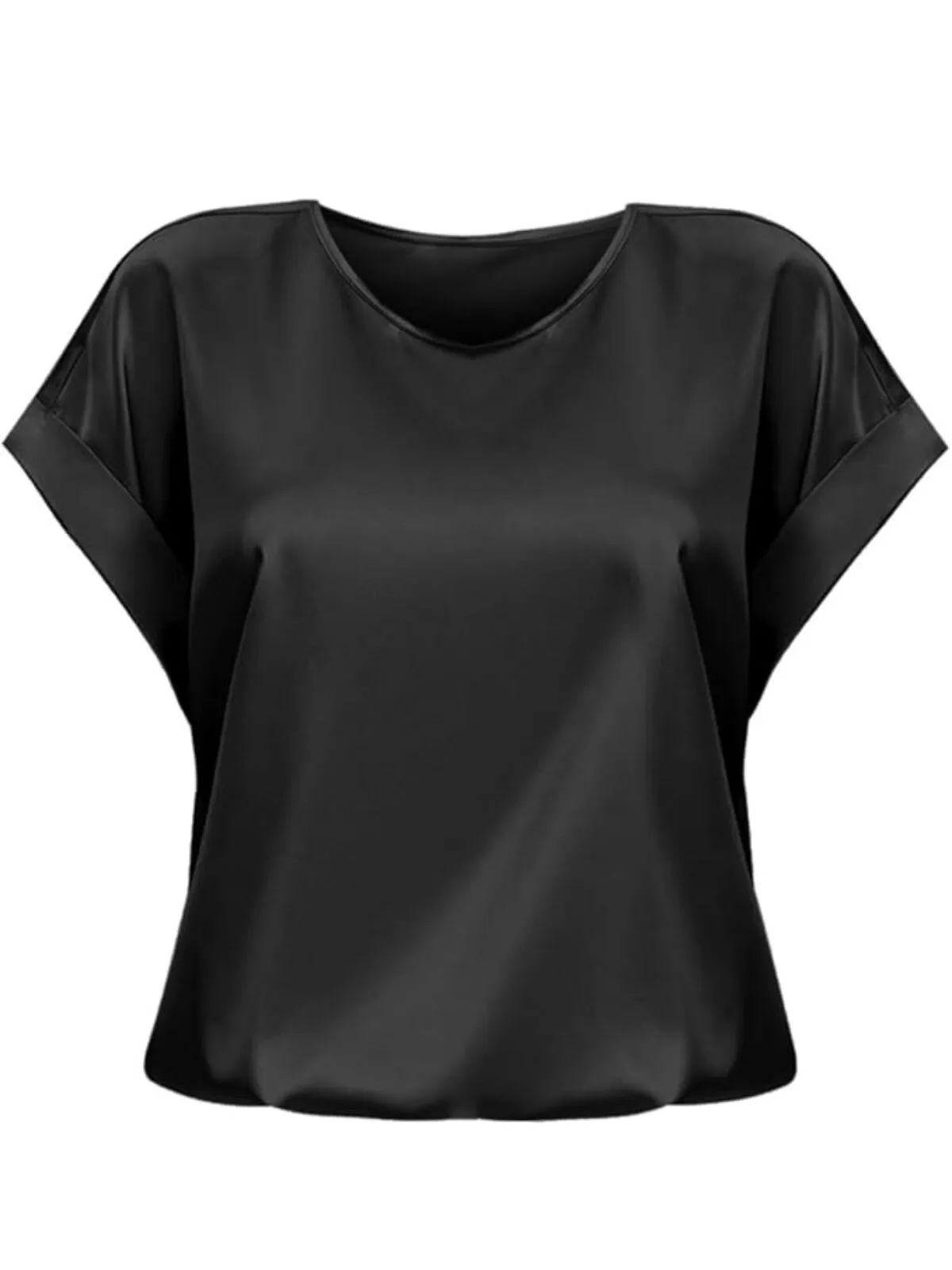 Solid Round Neck Drop Shoulder Elegant Satin T-shirt, 2 of 4