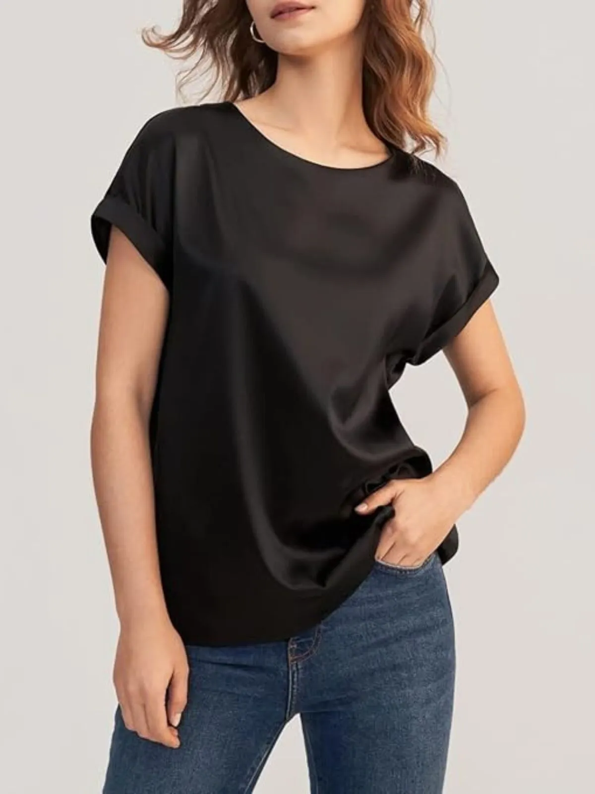 Solid Round Neck Drop Shoulder Elegant Satin T-shirt, 3 of 4