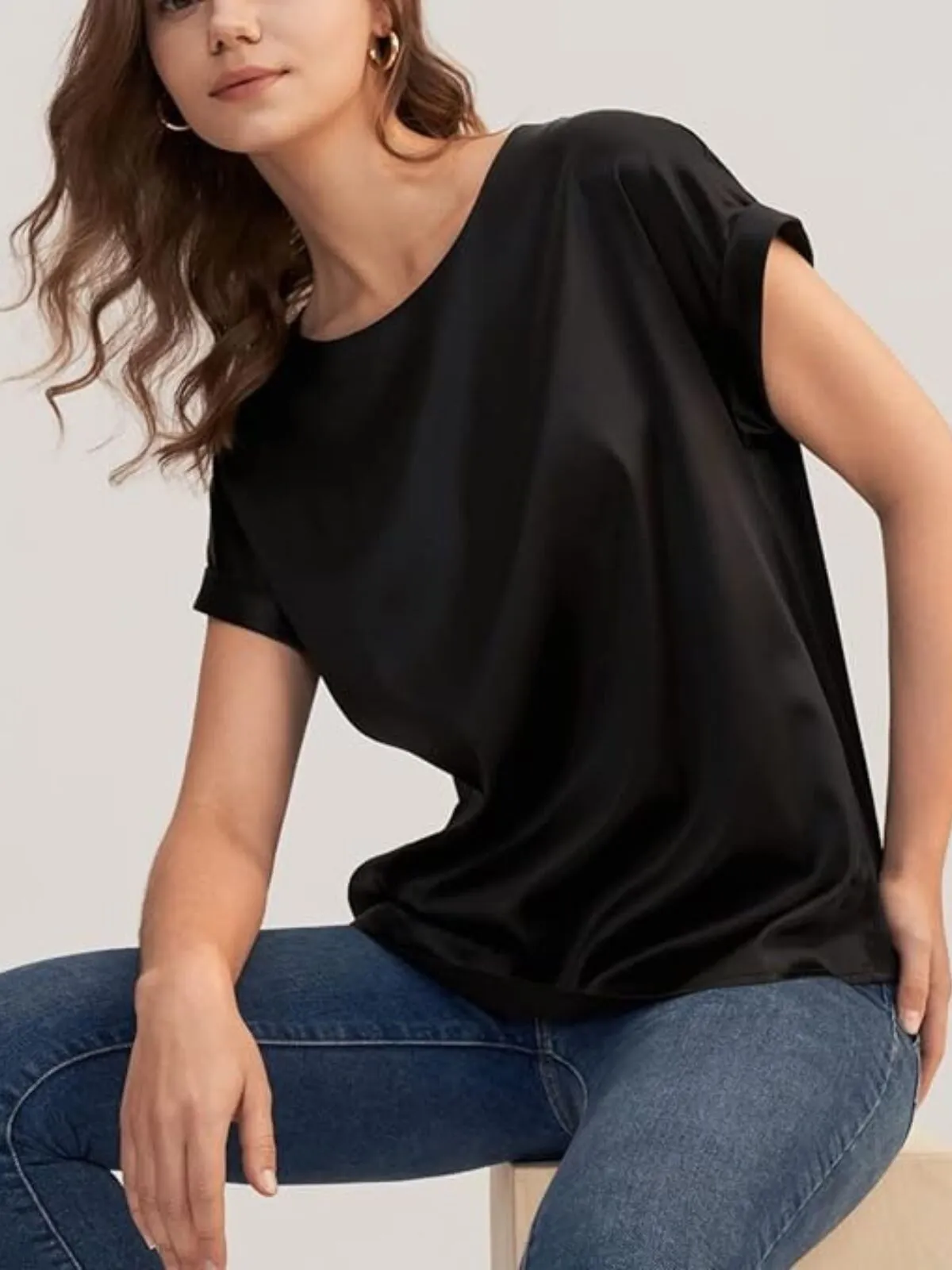 Solid Round Neck Drop Shoulder Elegant Satin T-shirt, 4 of 4