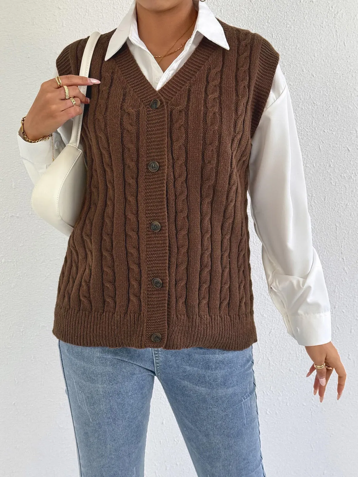 Solid Button V-neck Plain Fashion Twist All-match Vest, 4 of 5