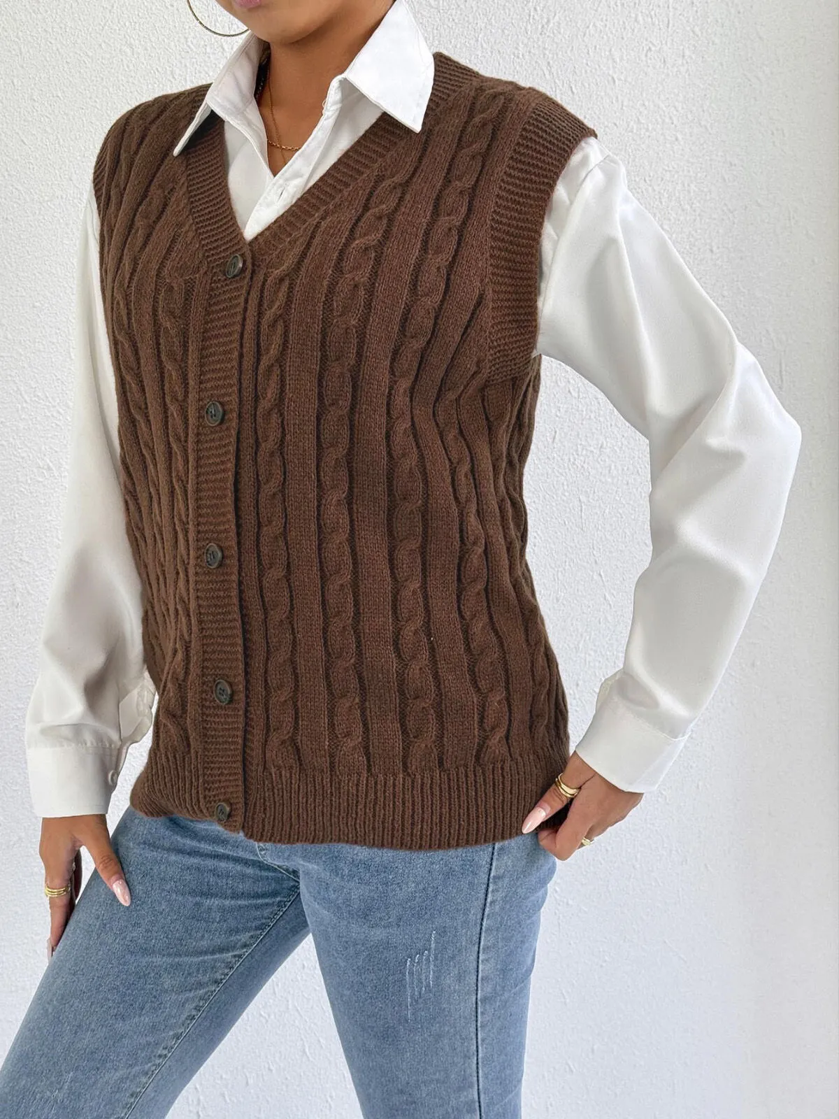 Solid Button V-neck Plain Fashion Twist All-match Vest, 5 of 5