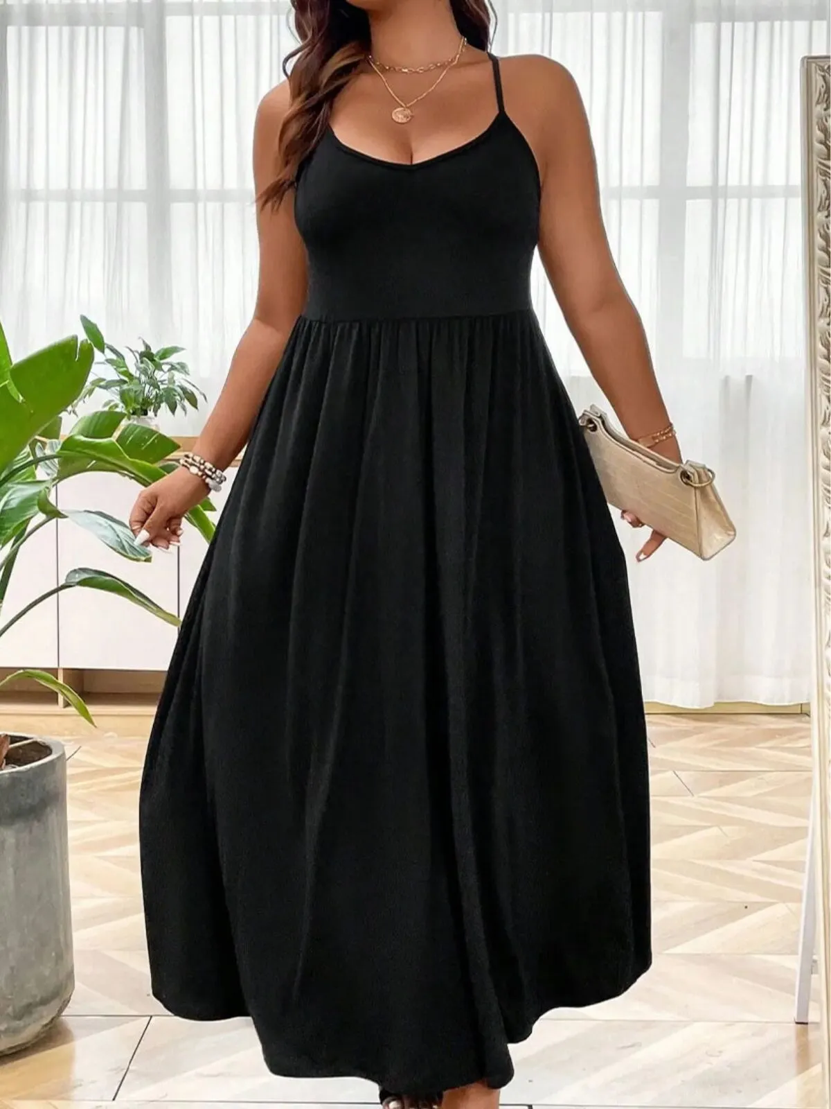 Plus Size Solid Spaghetti Strap Casual A-line Dress, 1 of 3