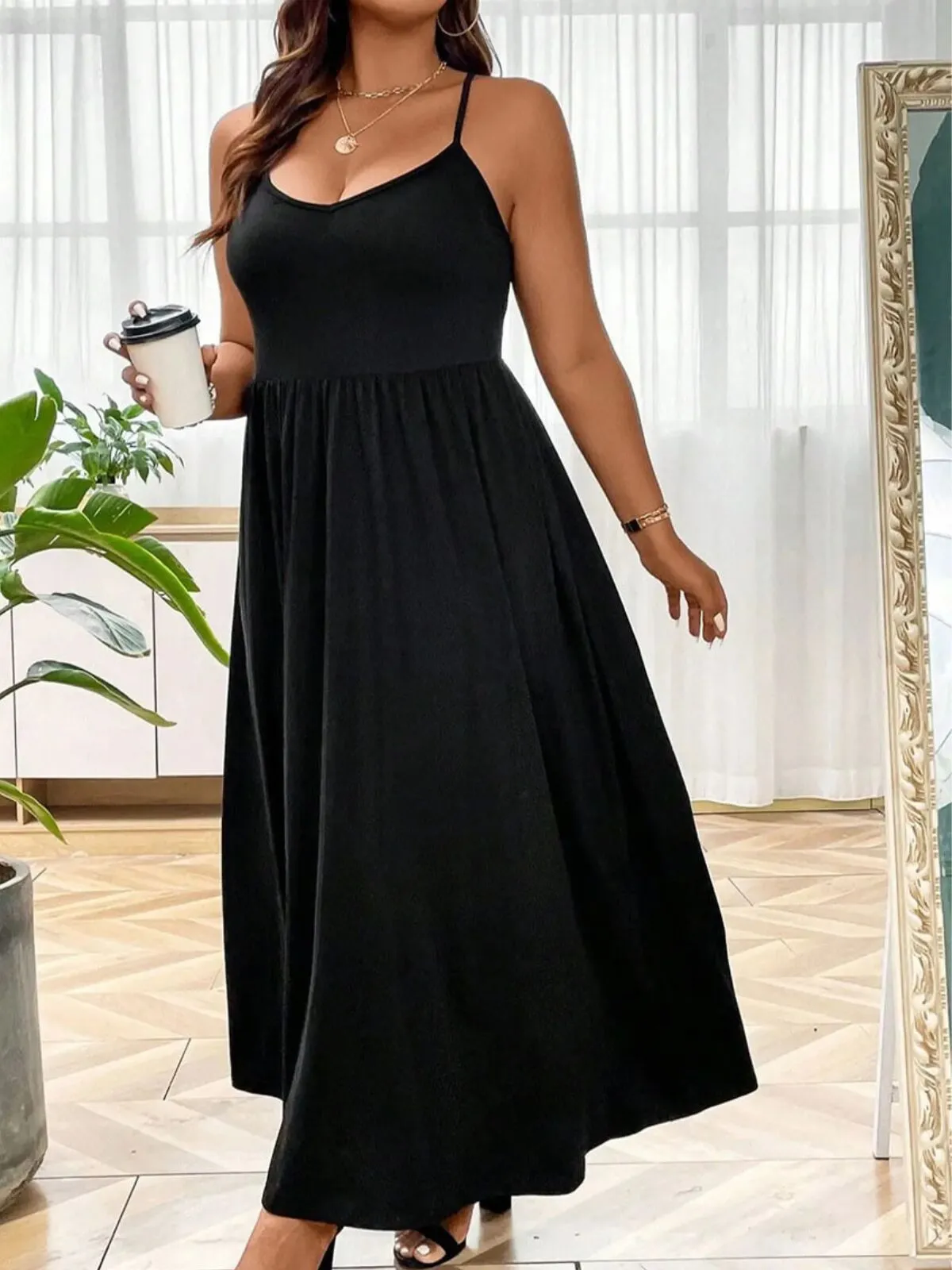 Plus Size Solid Spaghetti Strap Casual A-line Dress, 2 of 3