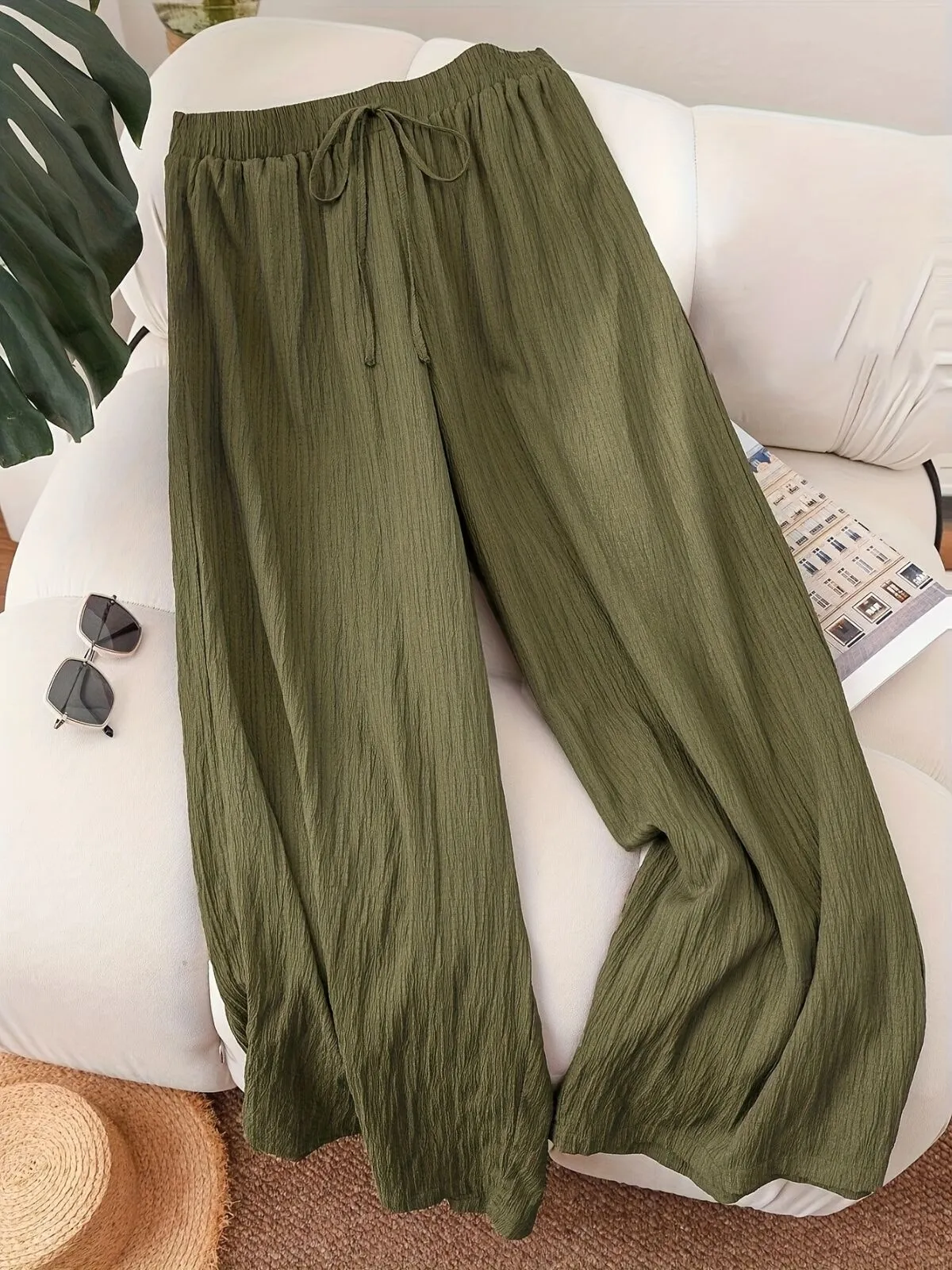 Plus Size Casual Comfy Solid Color Baggy High Rise Palazzo Pants, 1 of 7